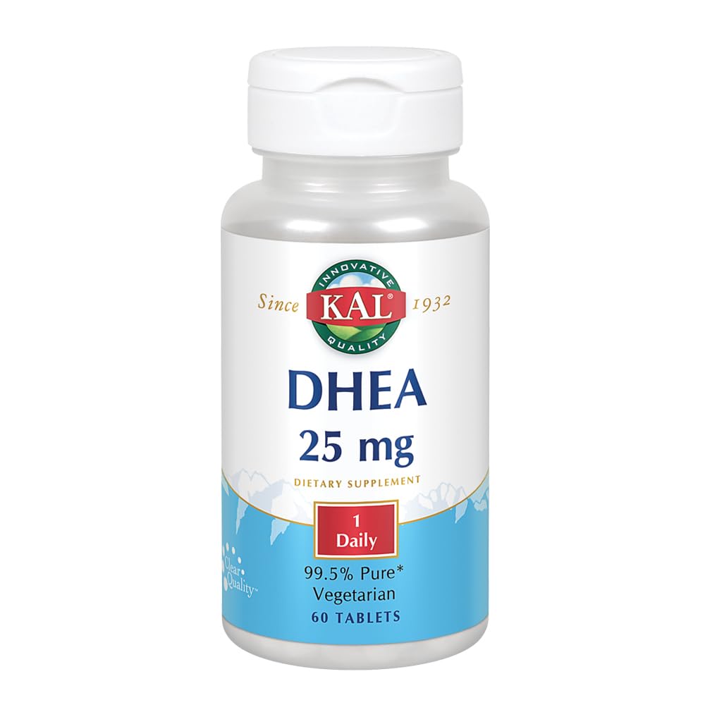KAL DHEA tabletas vegetariana de 25 mg, frente de la caja, posible apoyo al bienestar diario.