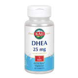 KAL DHEA tabletas vegetariana de 25 mg, frente de la caja, posible apoyo al bienestar diario.