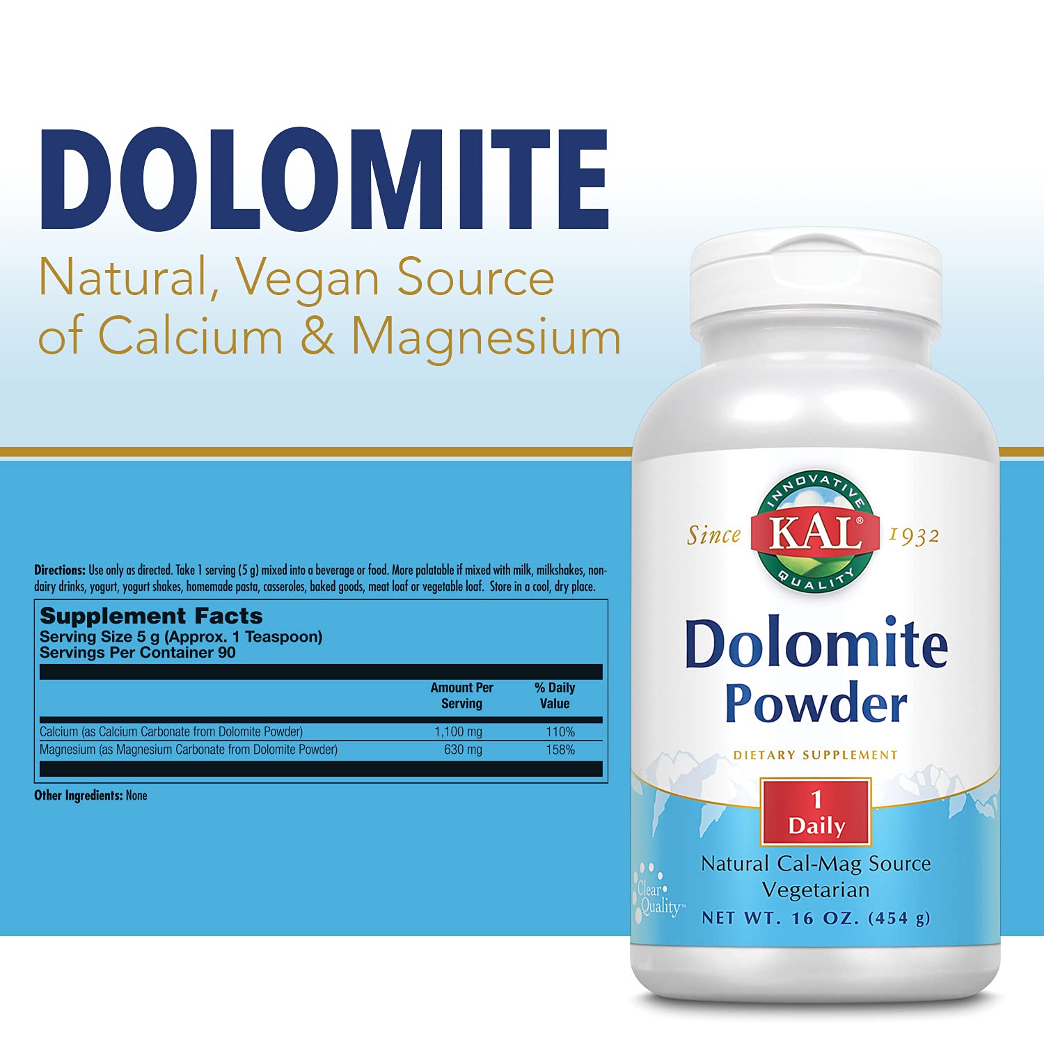 Envase de Kal Dolomite 16 onzas, listo para mezclar en tus comidas.