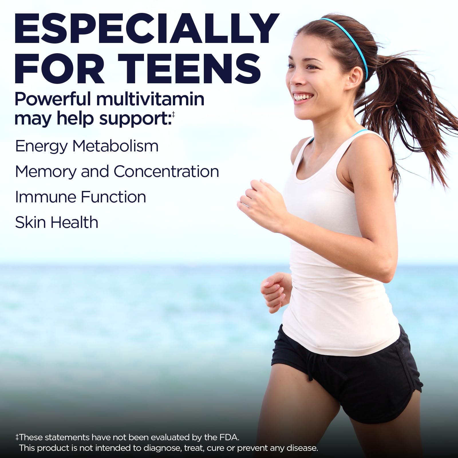 KAL Energía para Adolescentes: etiqueta que resalta beneficios de las tabletas.