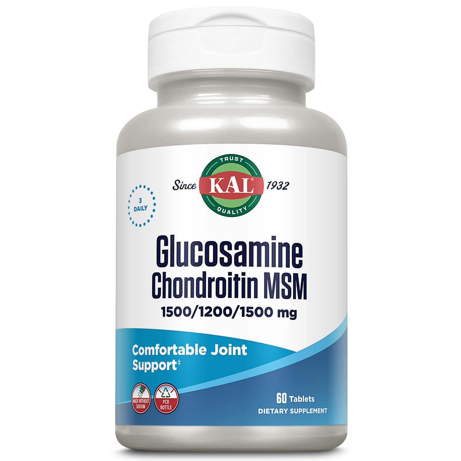 Botella de KAL Glucosamina Condroitina MSM, vista frontal para uso diario.