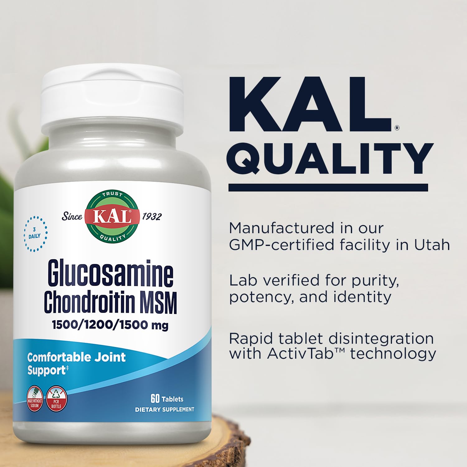 Etiqueta de KAL con glucosamina, condroitina y MSM para uso diario.