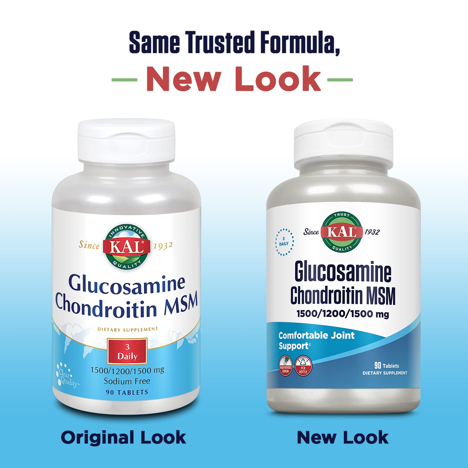 KAL Glucosamina Condroitina MSM frasco con 90 tabletas para uso prolongado.