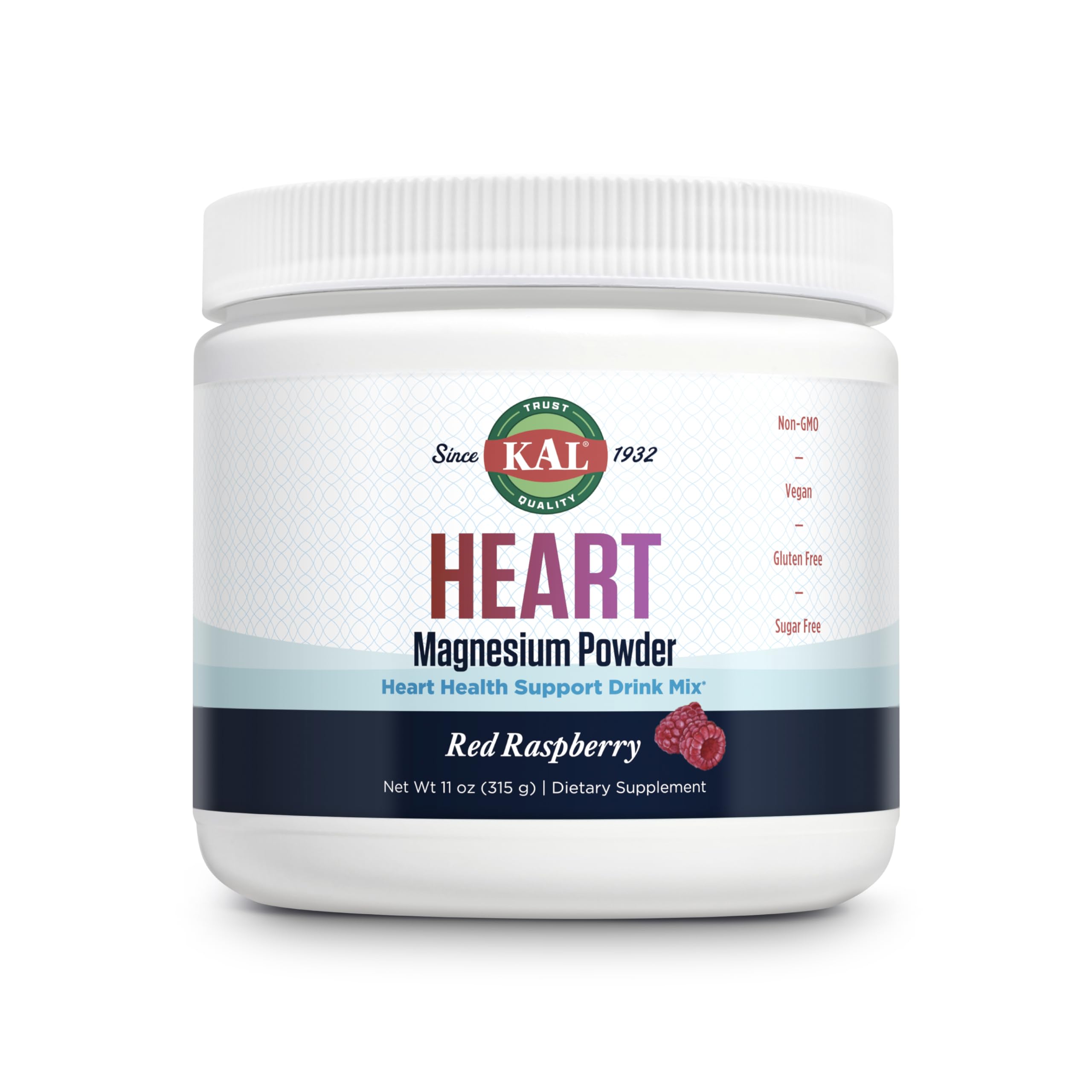 KAL Heart Magnesium Powder envase de frambuesa roja, suplemento de magnesio para el día