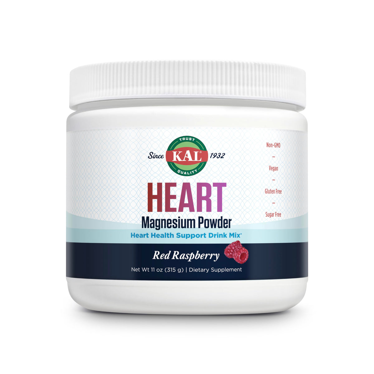 KAL Heart Magnesium Powder envase de frambuesa roja, suplemento de magnesio para el día
