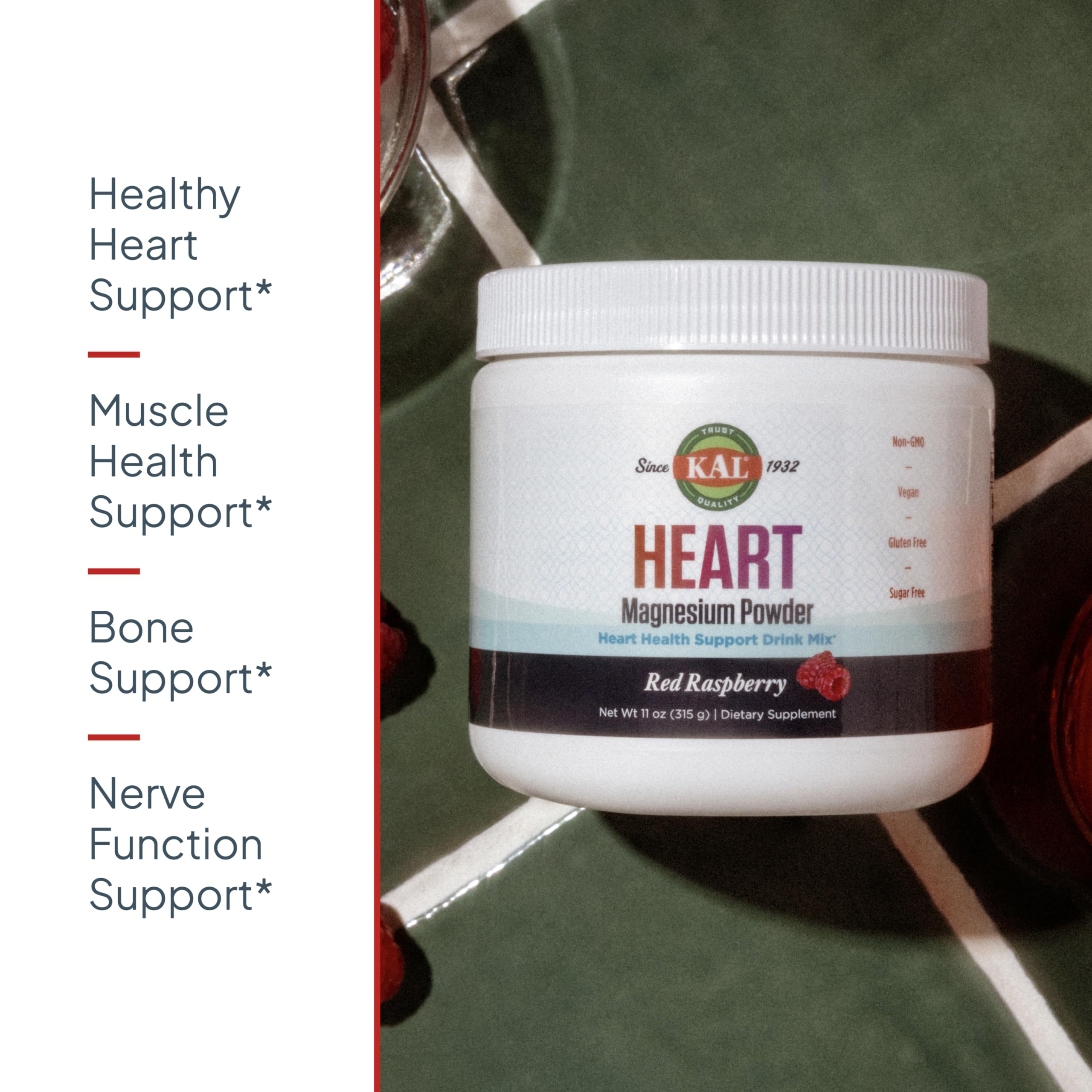KAL Heart Magnesium Powder mezclar en vaso, sabor frambuesa roja