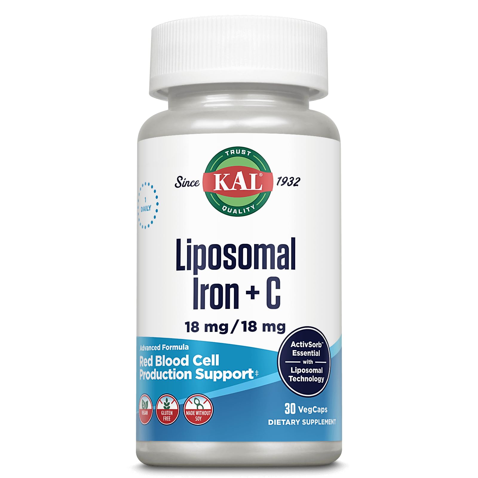 KAL hierro liposomal con vitamina C en botella, ideal para uso diario.