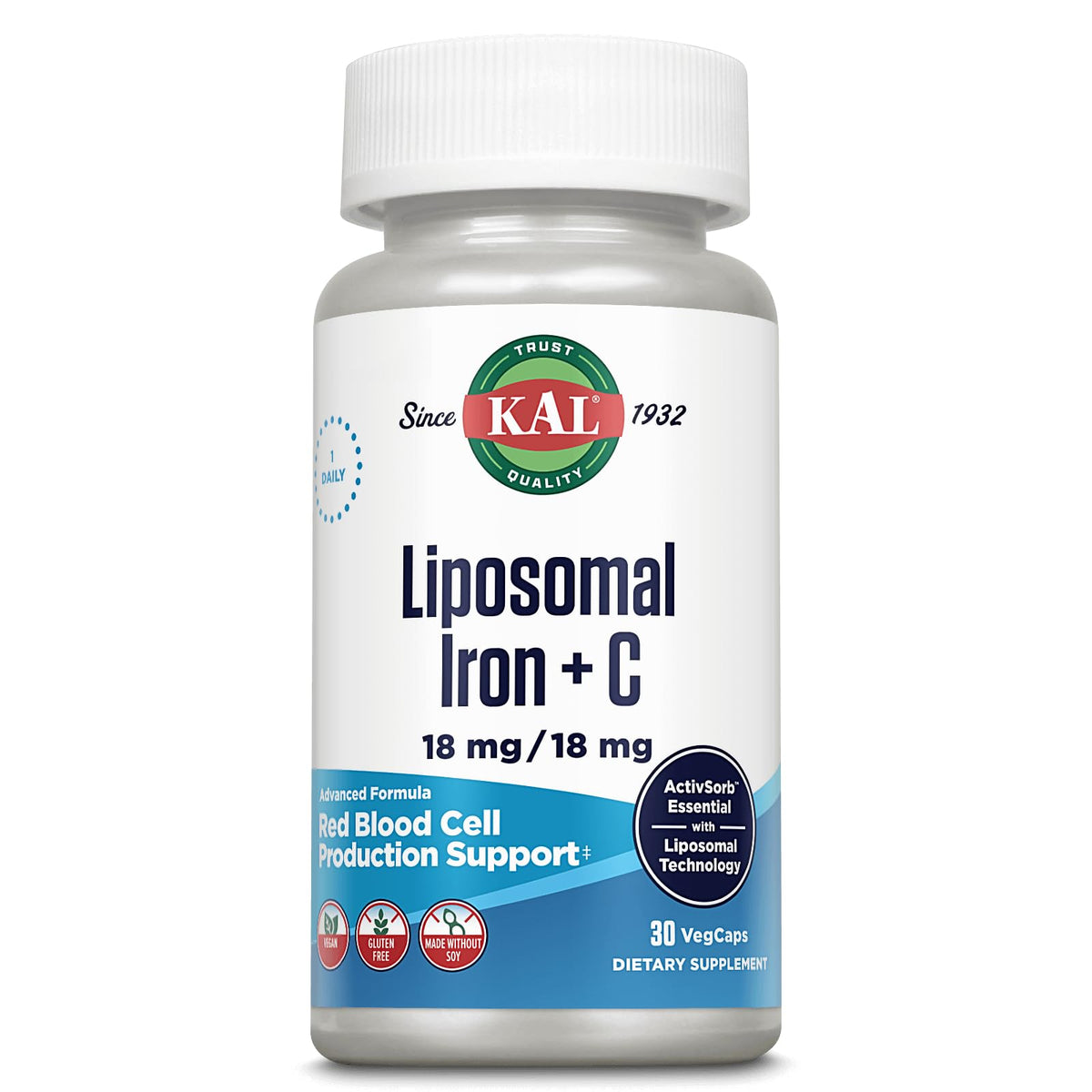 KAL hierro liposomal con vitamina C en botella, ideal para uso diario.