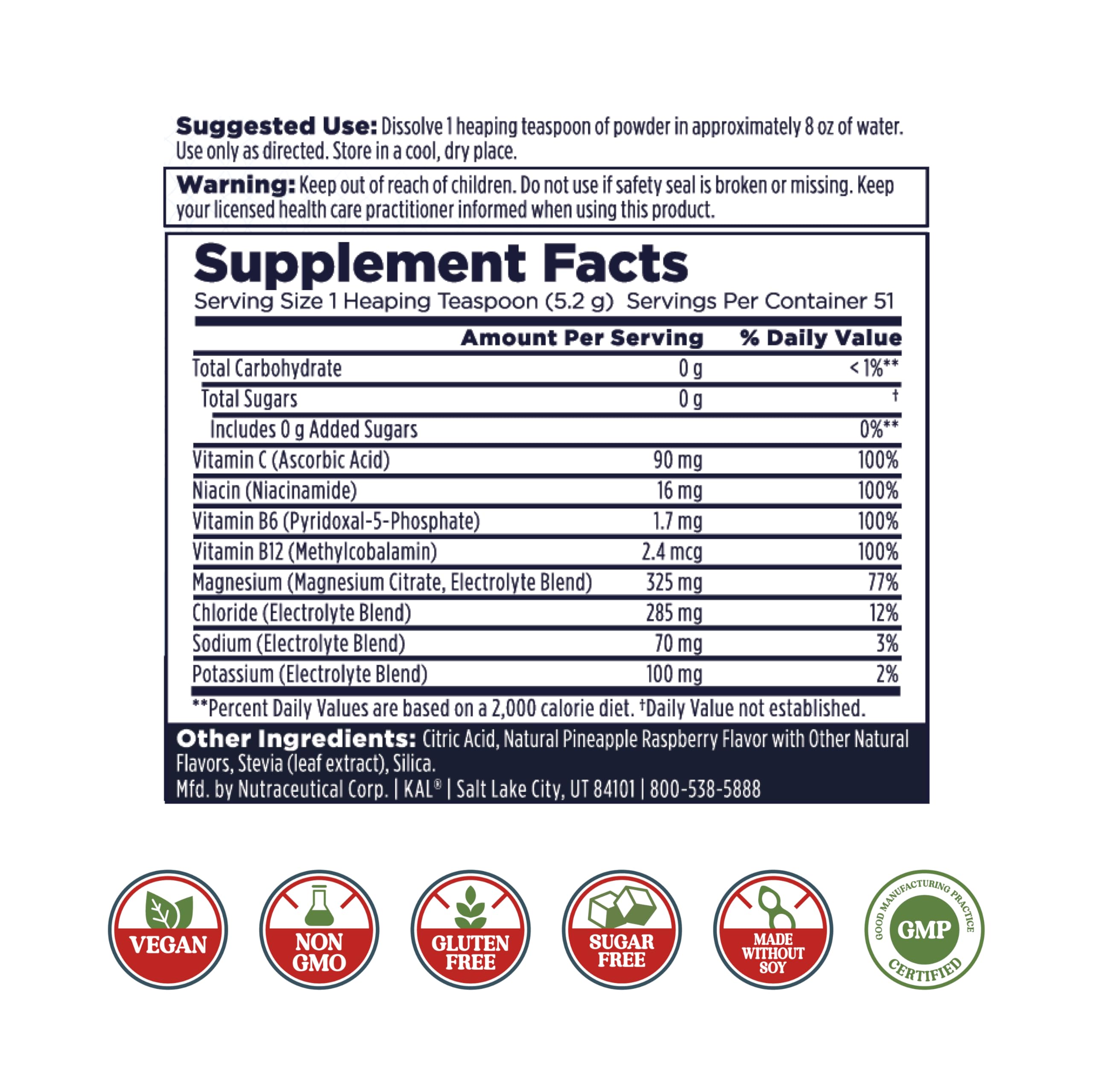 KAL Hydro Magnesium Plus disuelto en agua, sabor Fruta Tropical, sensación refrescante.