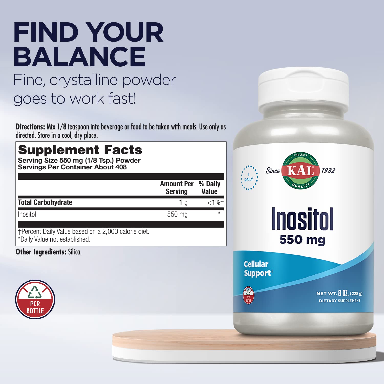 Kal Inositol Polvo 550 mg, textura suave para mezclar sin grumos.