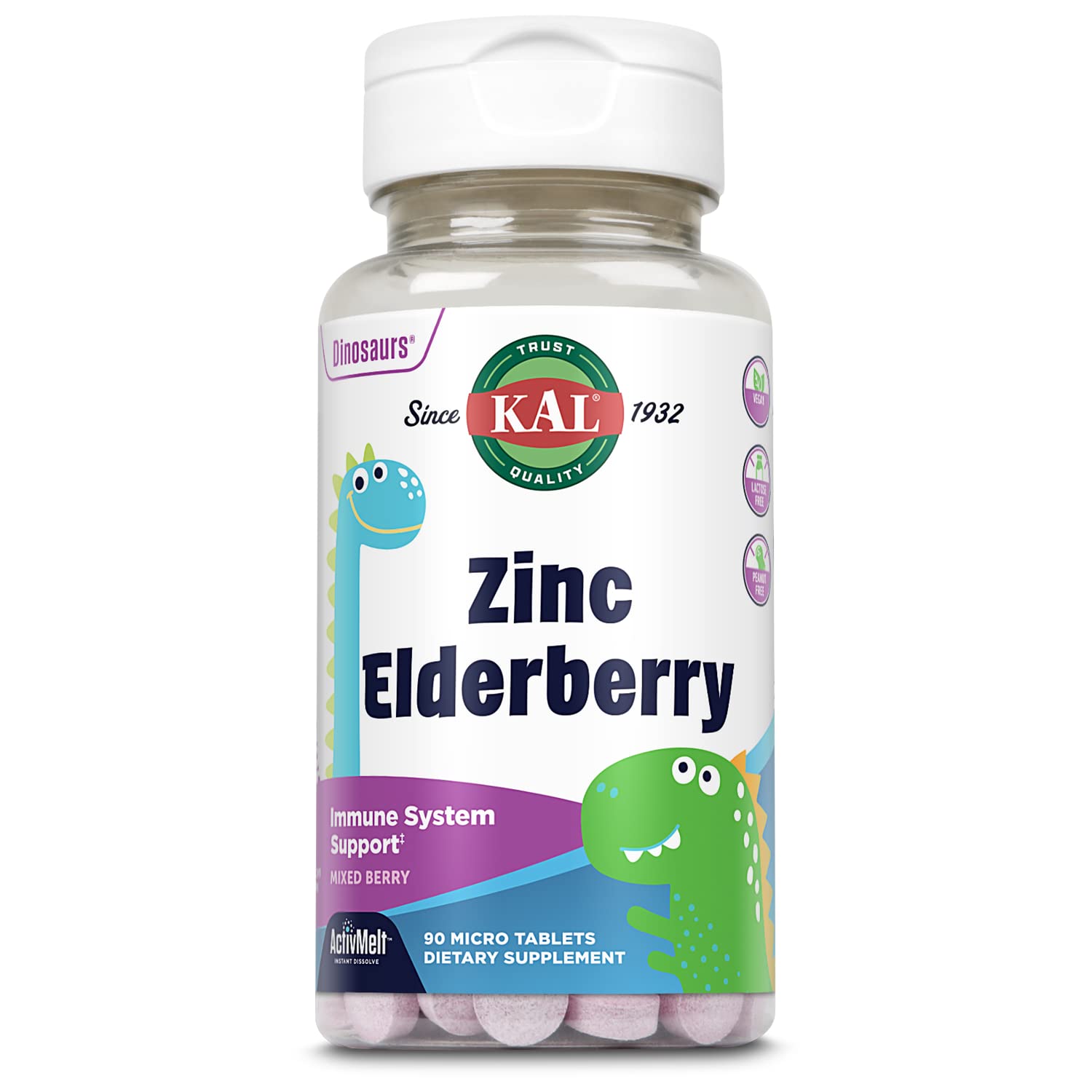 KAL Kids Zinc Elderberry Dinosaurios en botella, apoyo diario al sistema inmune.