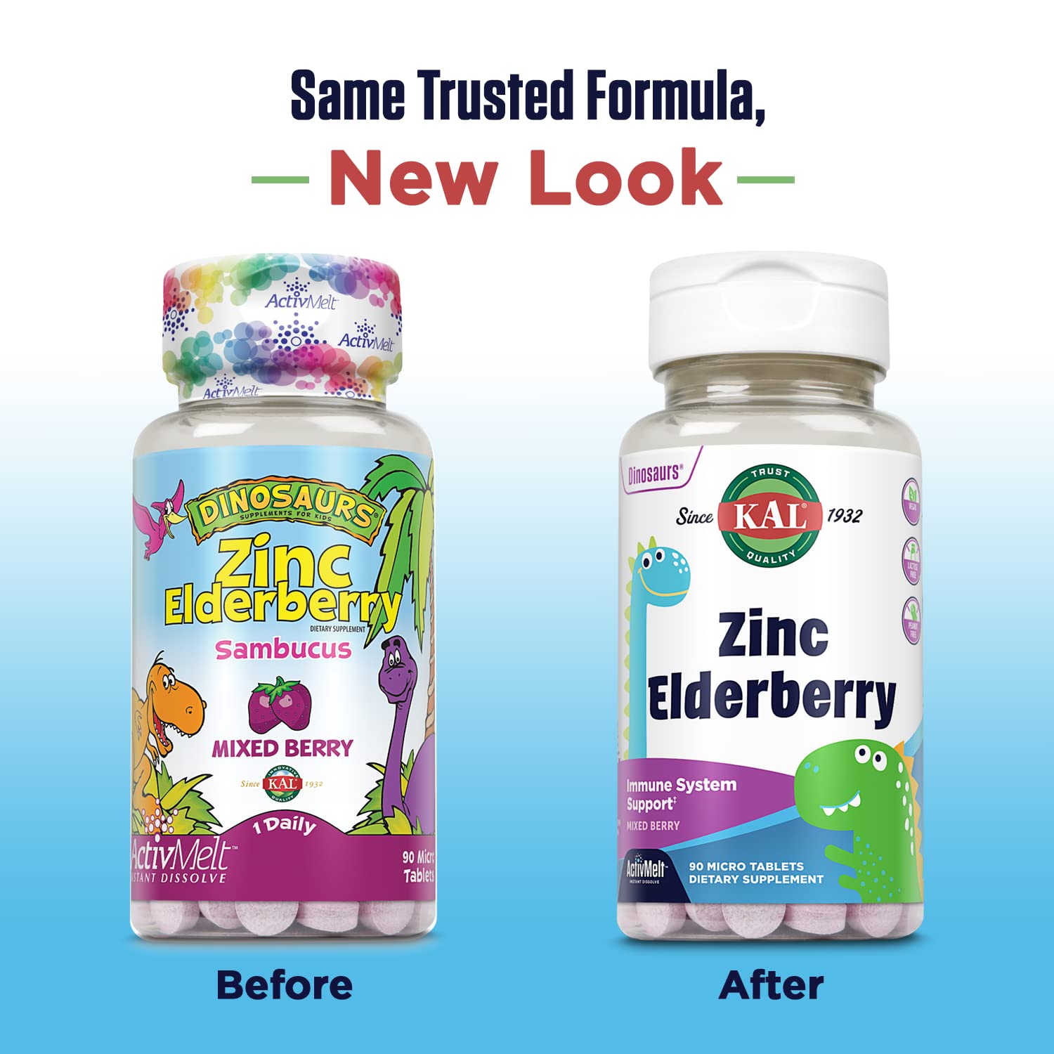 KAL Kids Zinc Elderberry Dinosaurios, formato microtabletas que se disuelven al instante.