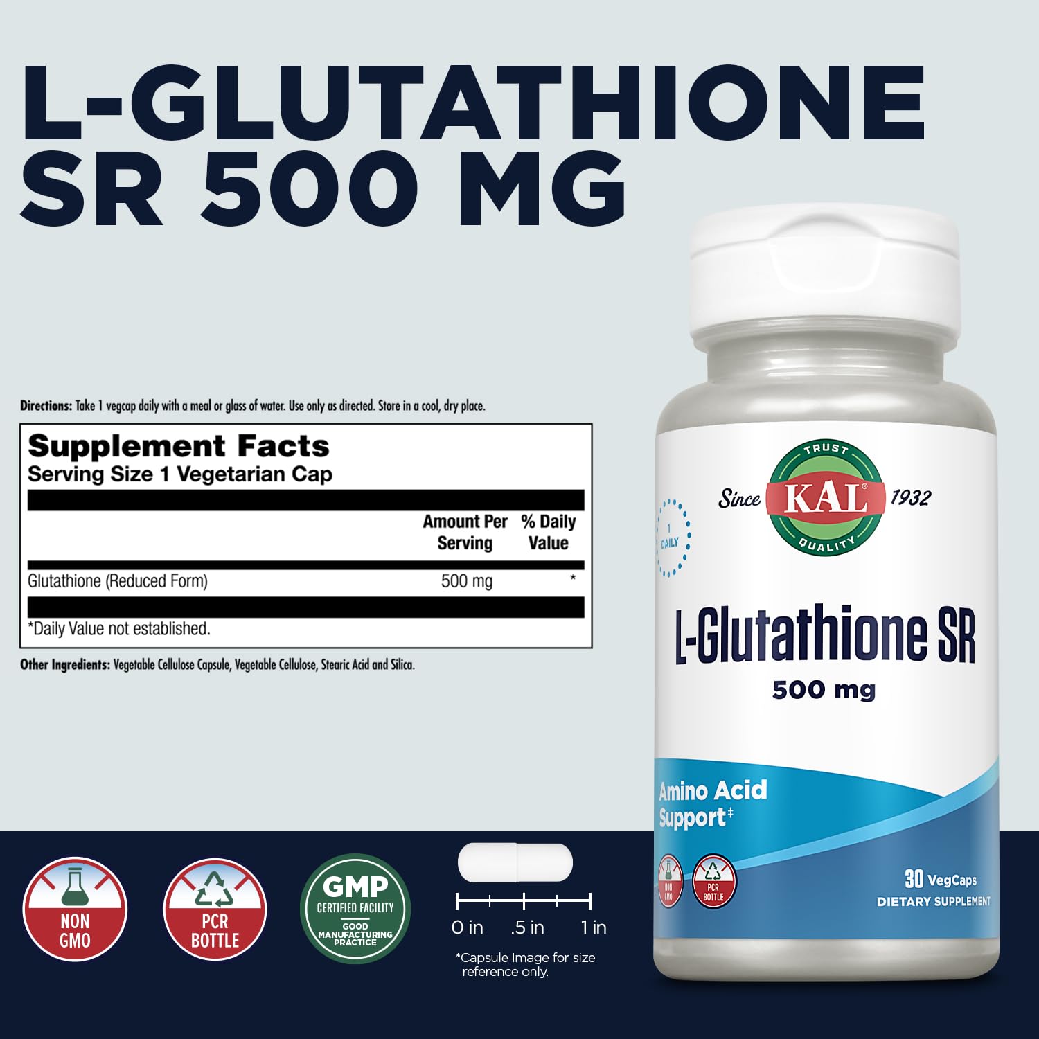 Kal L-Glutatión SR etiqueta del envase, destaca pureza y potencia para la ingesta diaria