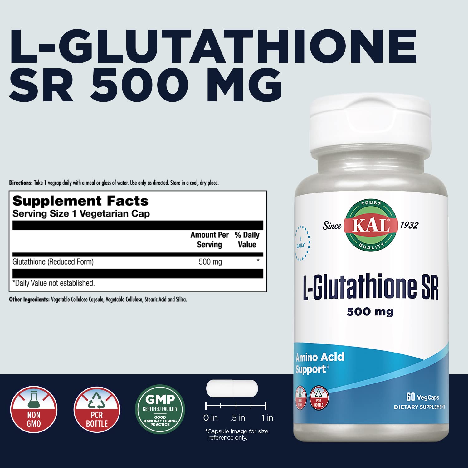 KAL L-Glutatión SR frente al frasco, empaque y calidad visible