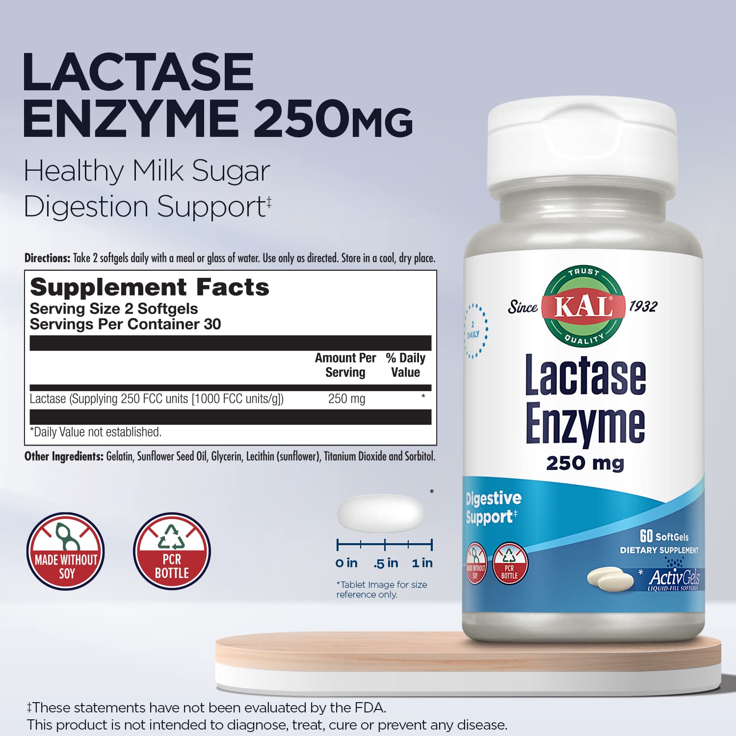 KAL Lactasa Enzima 250 mg: base de aceite de girasol para buena absorción