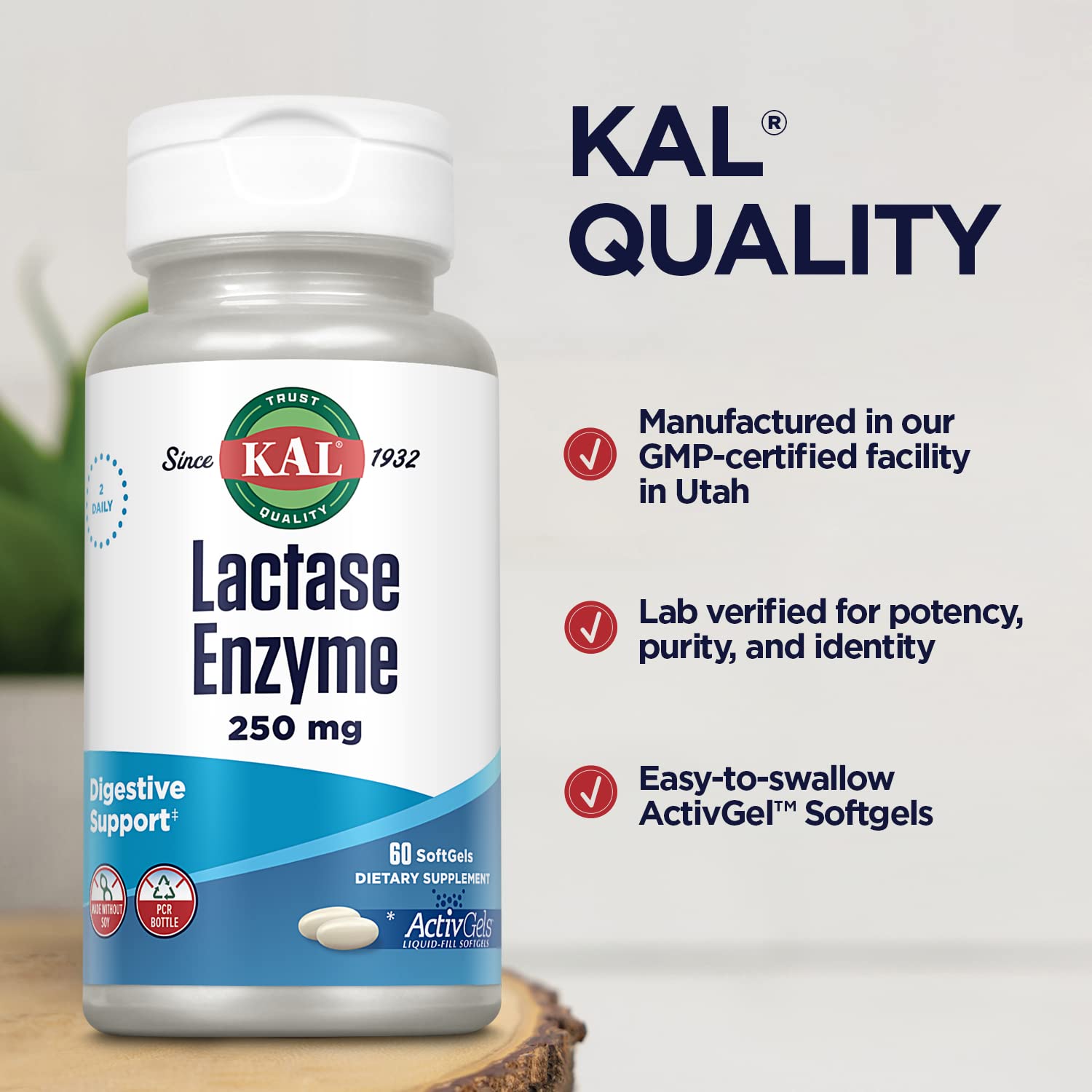 KAL Lactasa Enzima 250 mg: sin soya, opción apta para dietas