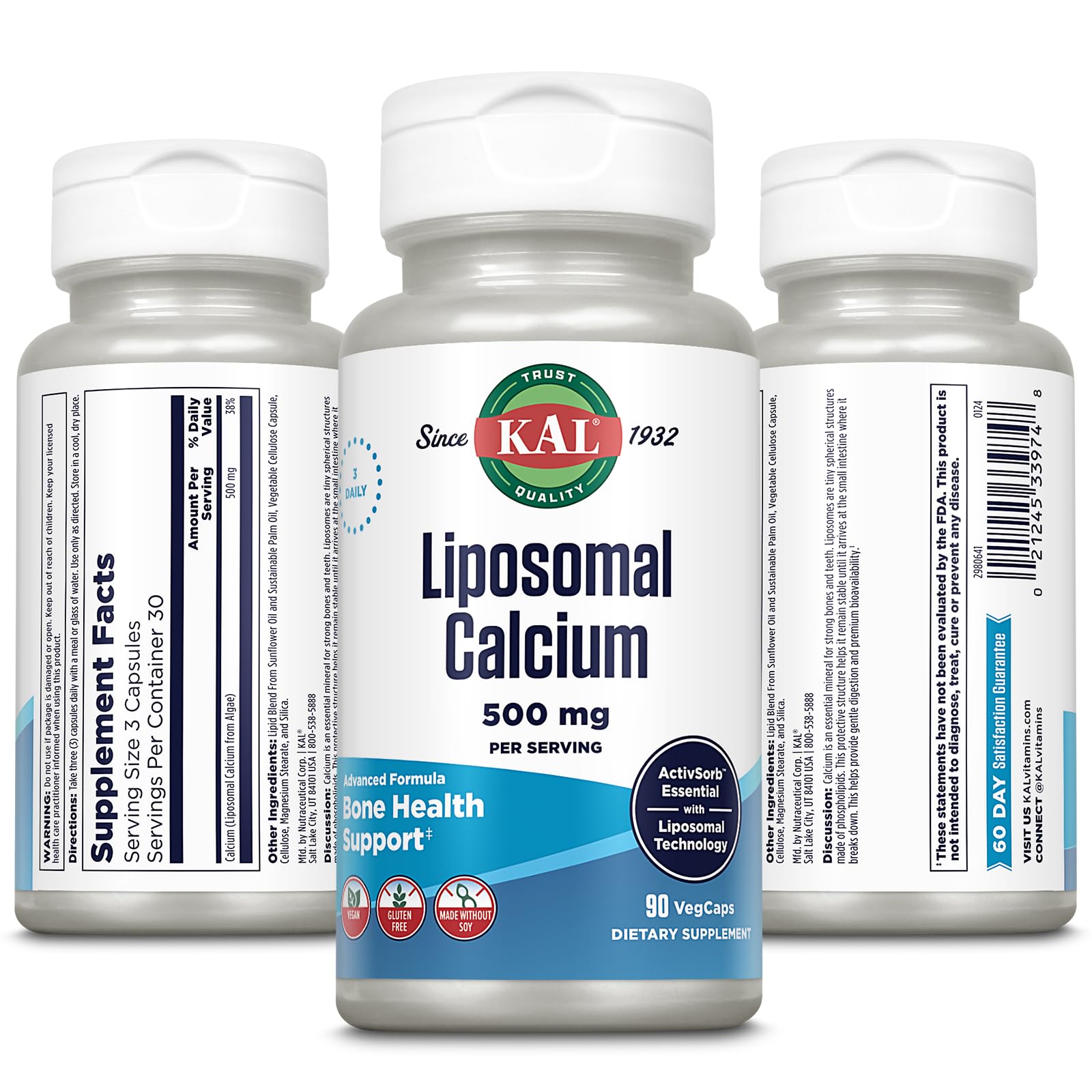 KAL Liposomal Calcium 500 mg cápsulas veganas, fáciles de tragar durante la rutina.