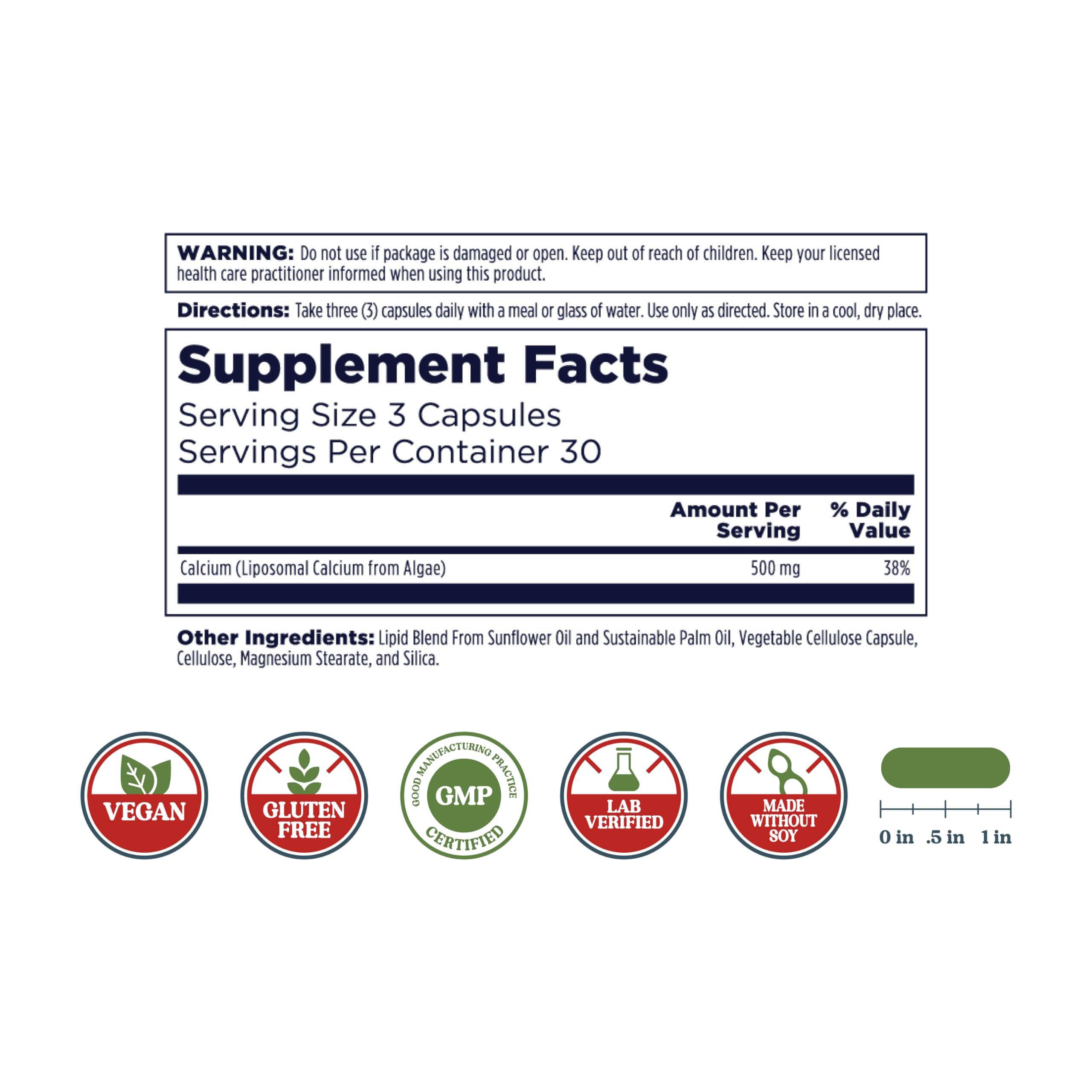 KAL Liposomal Calcium 500 mg etiqueta sin soja, opción apta para sensibilidades alimentarias.