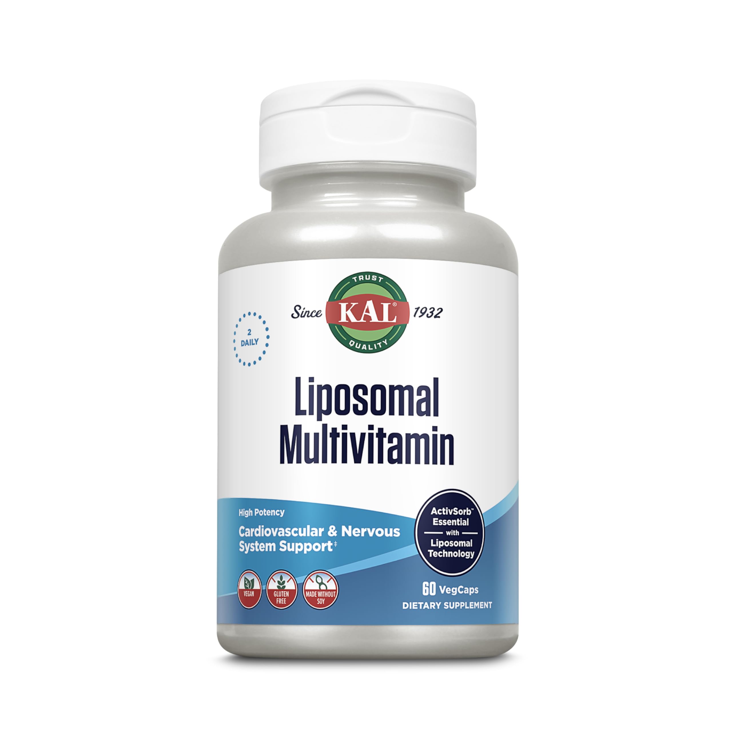 KAL Liposomal Multivitamin, vista frontal de la botella para uso diario