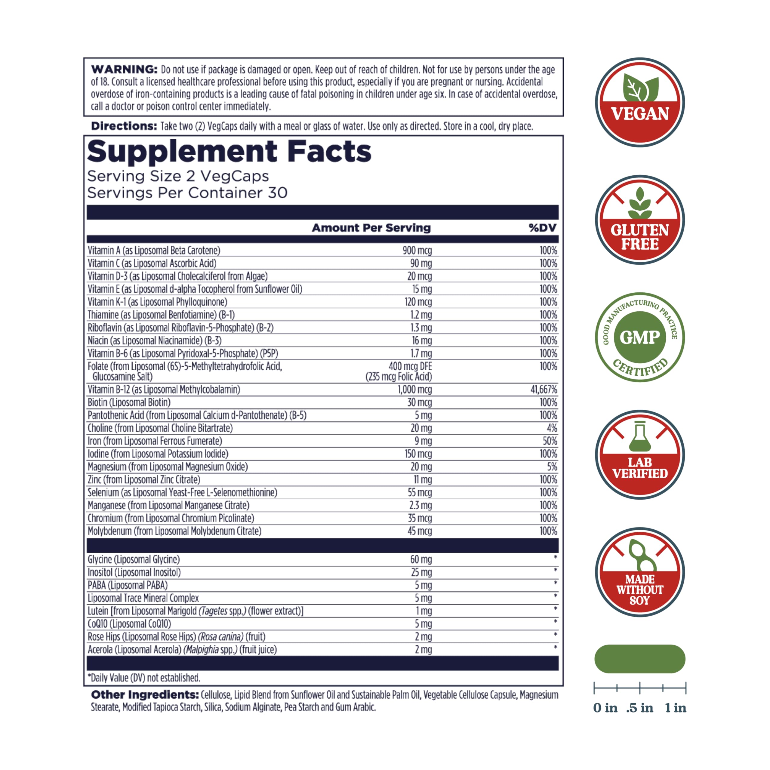 Etiqueta detallada de KAL Liposomal Multivitamin con información de ingredientes