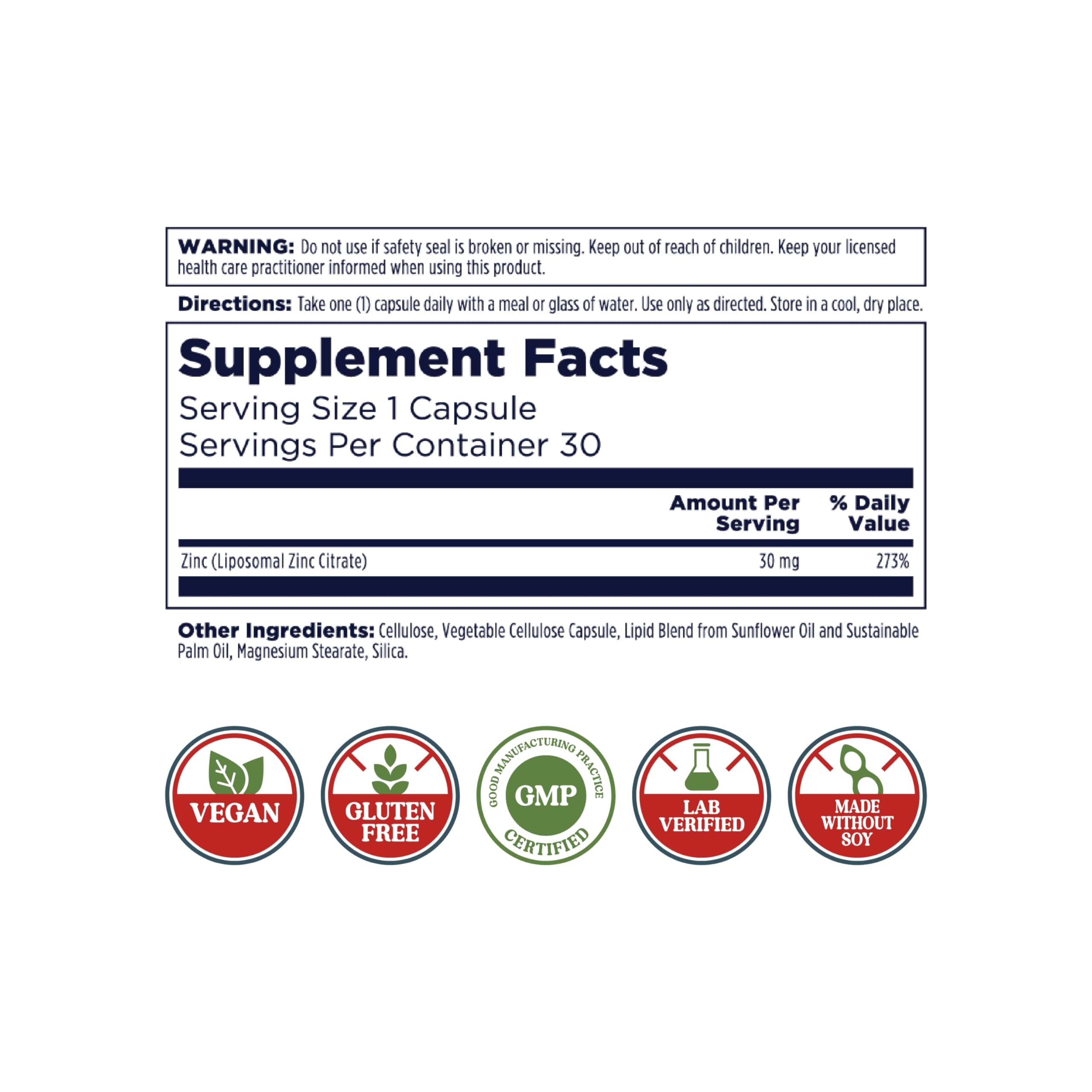 KAL Liposomal Zinc 30mg envase claro facilita lectura de dosis