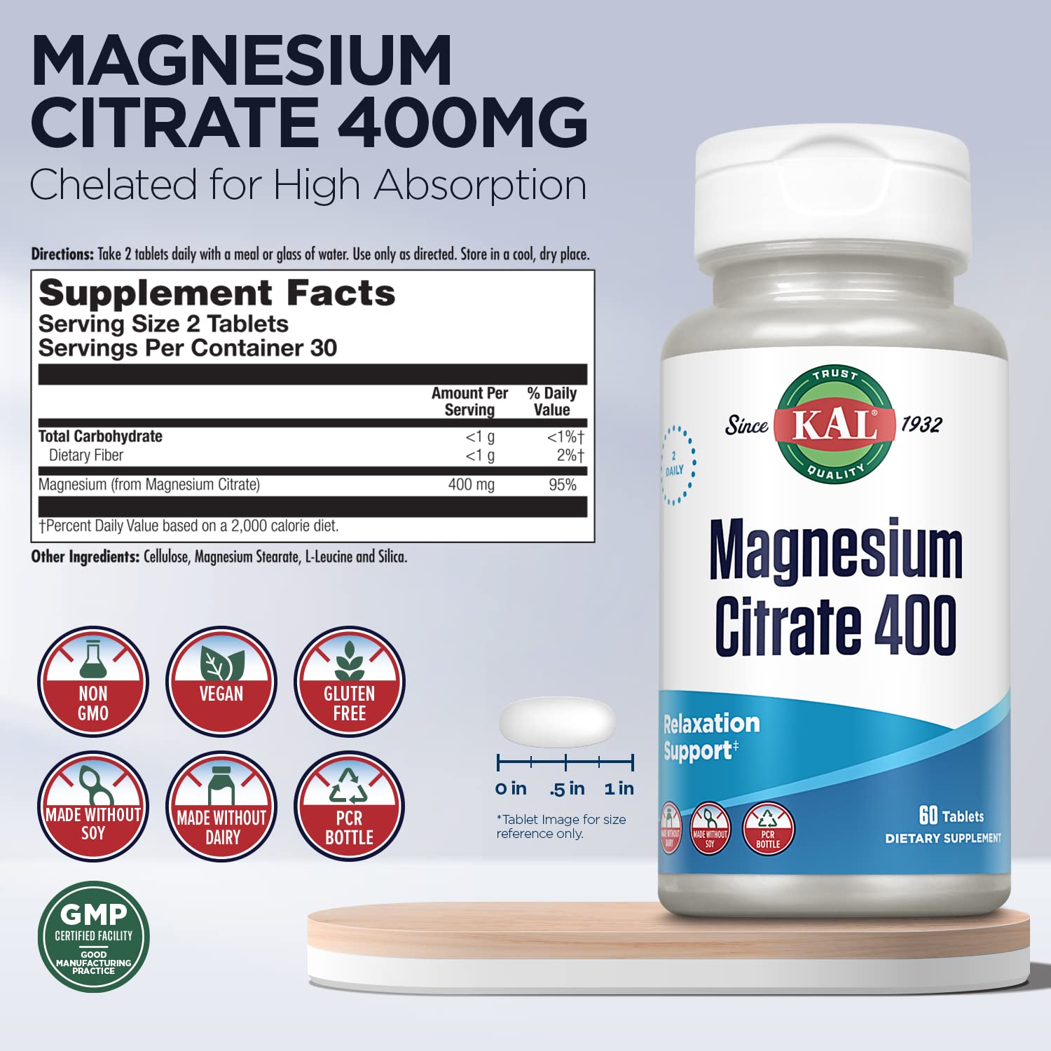 Etiqueta frontal de KAL Citrato de Magnesio 400 mg vegano sin gluten