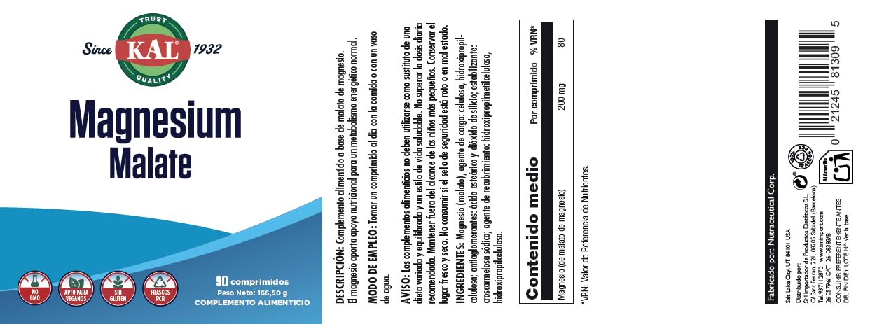 Kal Magnesio Malato 400 mg — envase reciclado PCR, opción sostenible para tu rutina diaria.