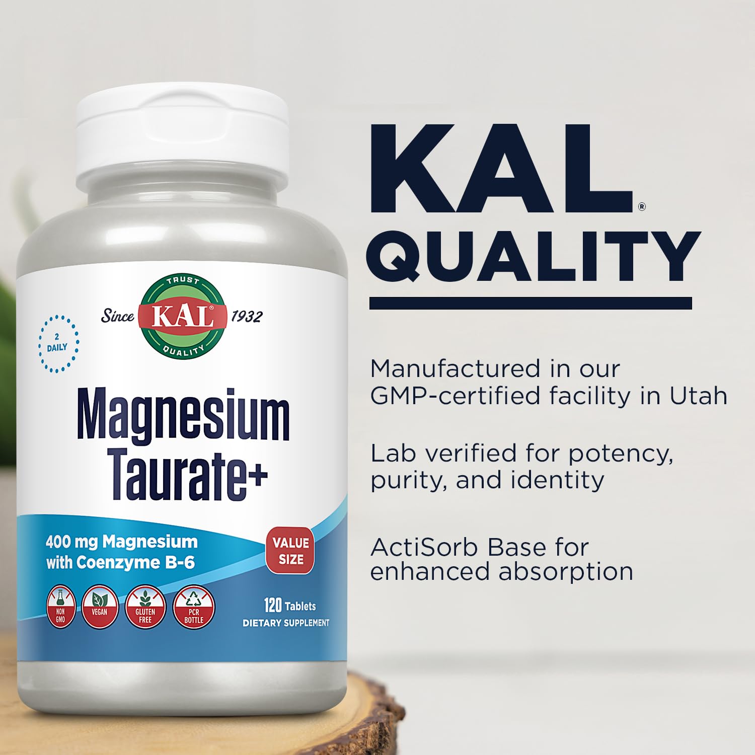 KAL Magnesio Taurato 400mg, envase PCR ecológico, compromiso ambiental.