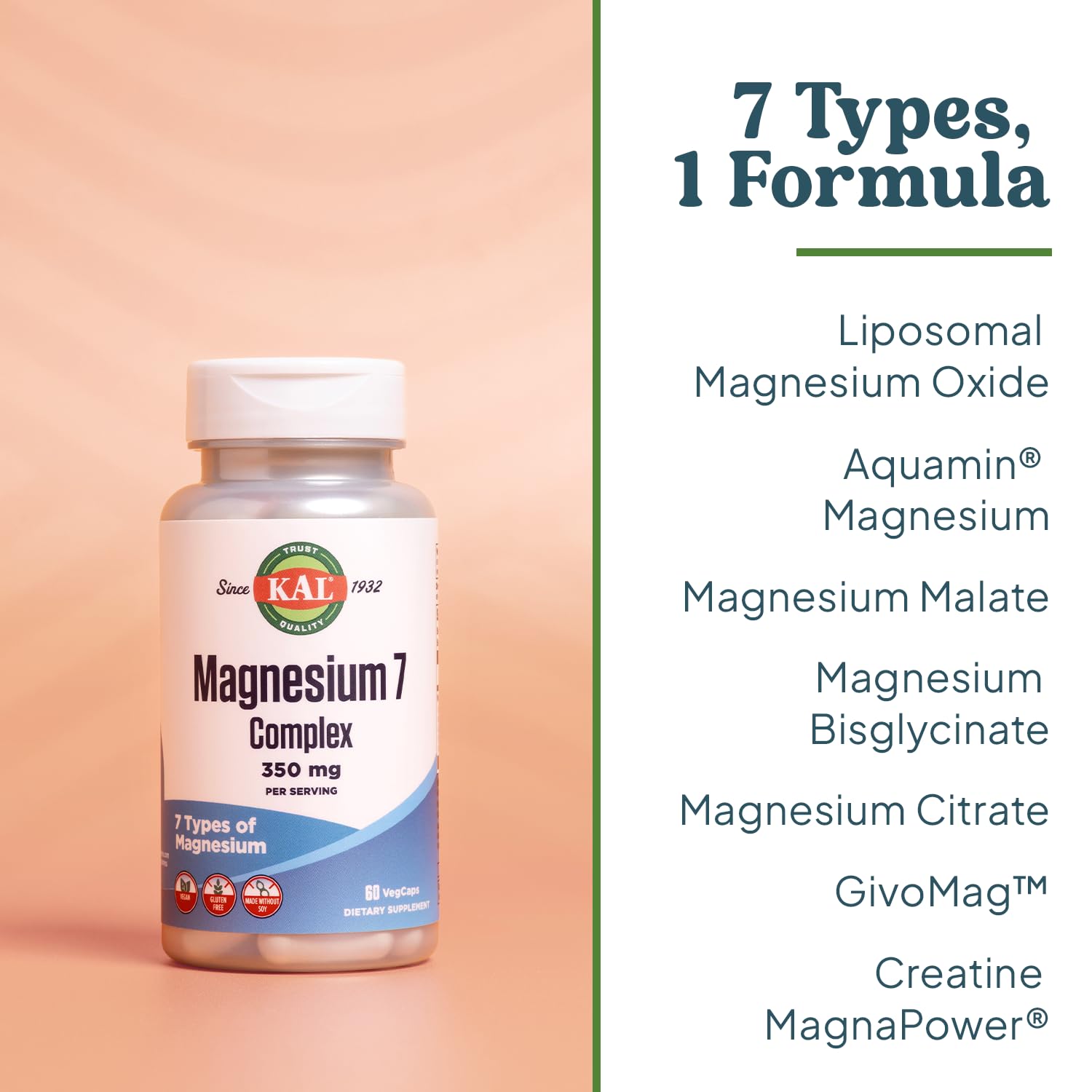 Kal Magnesium Complex 7: etiqueta clara con información de magnesio
