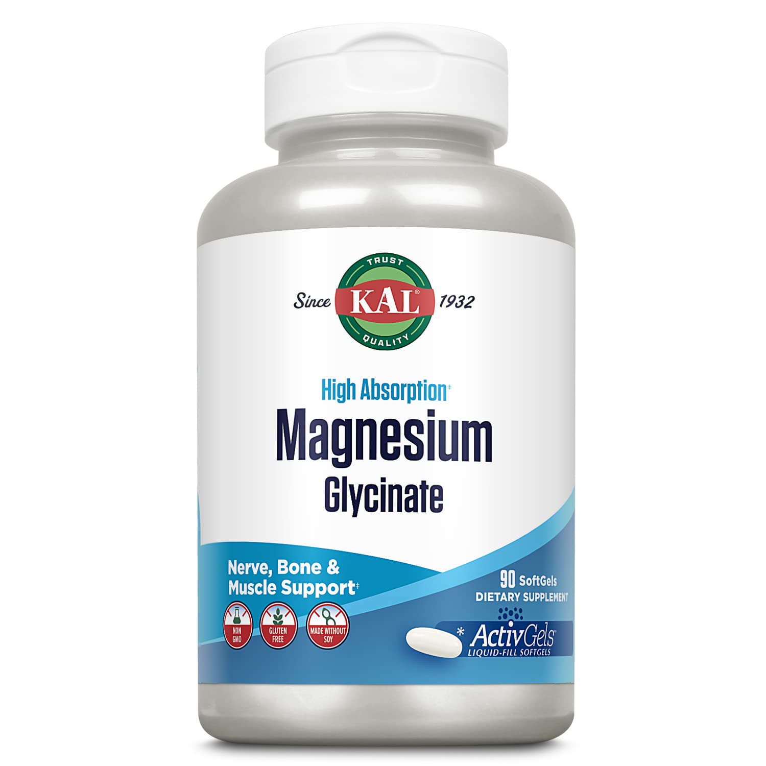 Kal Magnesium Glycinate ActivGels en botella, enfocada en absorción óptima.