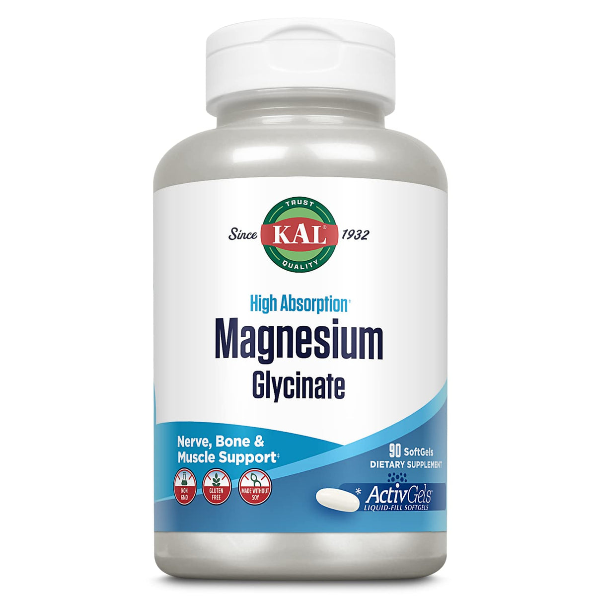 Kal Magnesium Glycinate ActivGels en botella, enfocada en absorción óptima.