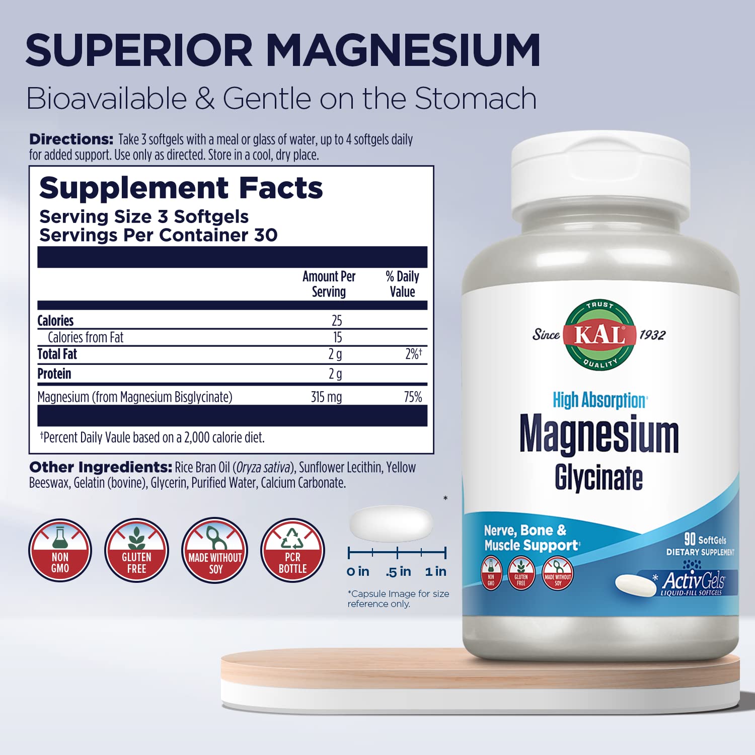 Kal Magnesium Glycinate ActivGels cápsulas suaves, fáciles de tragar para comodidad diaria.