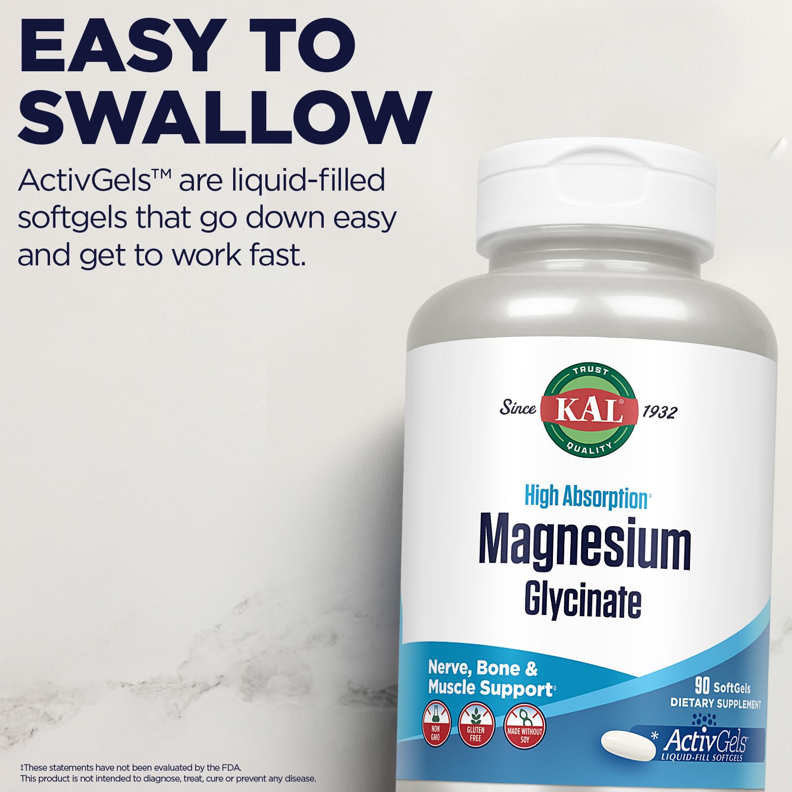 Kal Magnesium Glycinate ActivGels envase no GMO y libre de gluten.