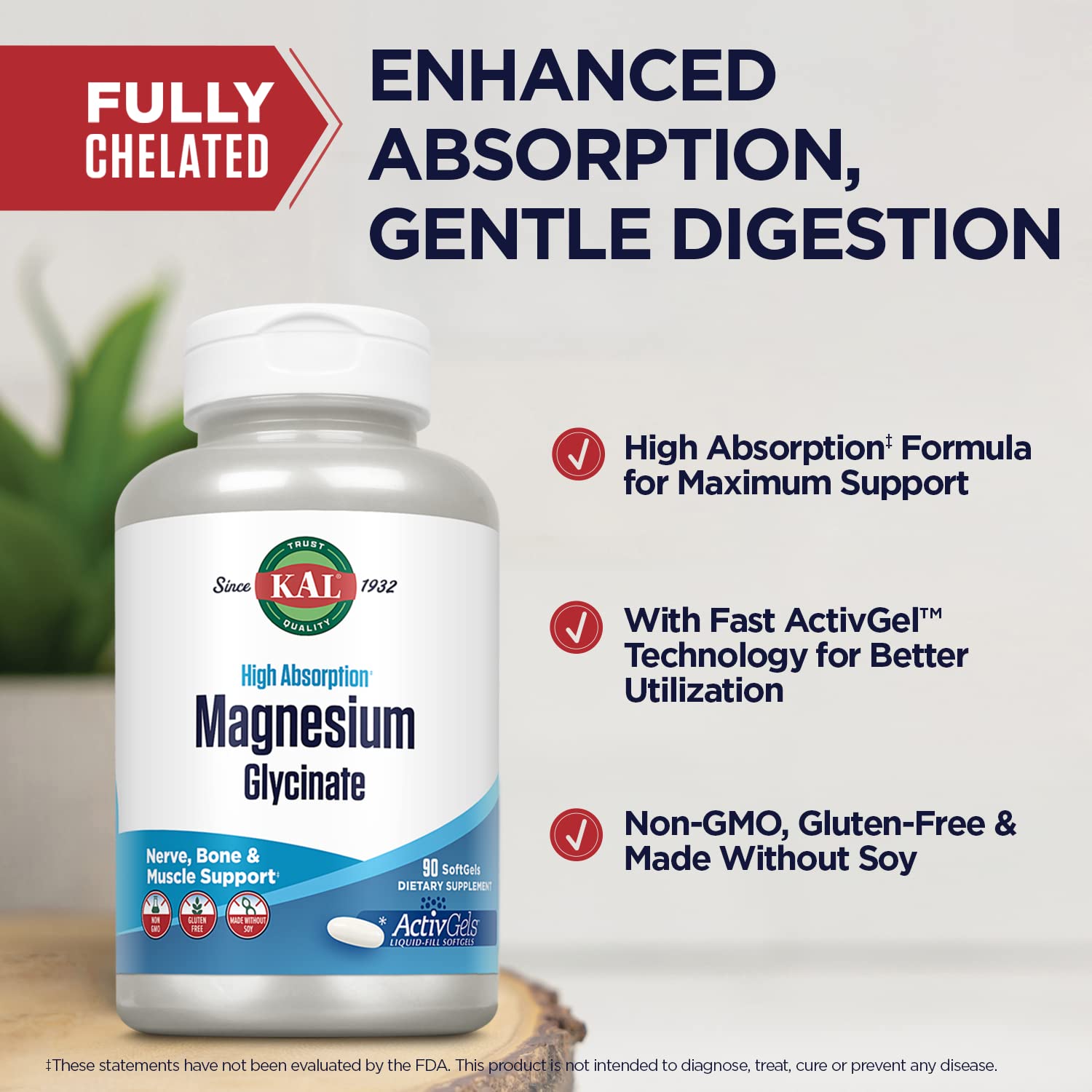 Kal Magnesium Glycinate ActivGels tecnología ActivGel para absorción rápida.