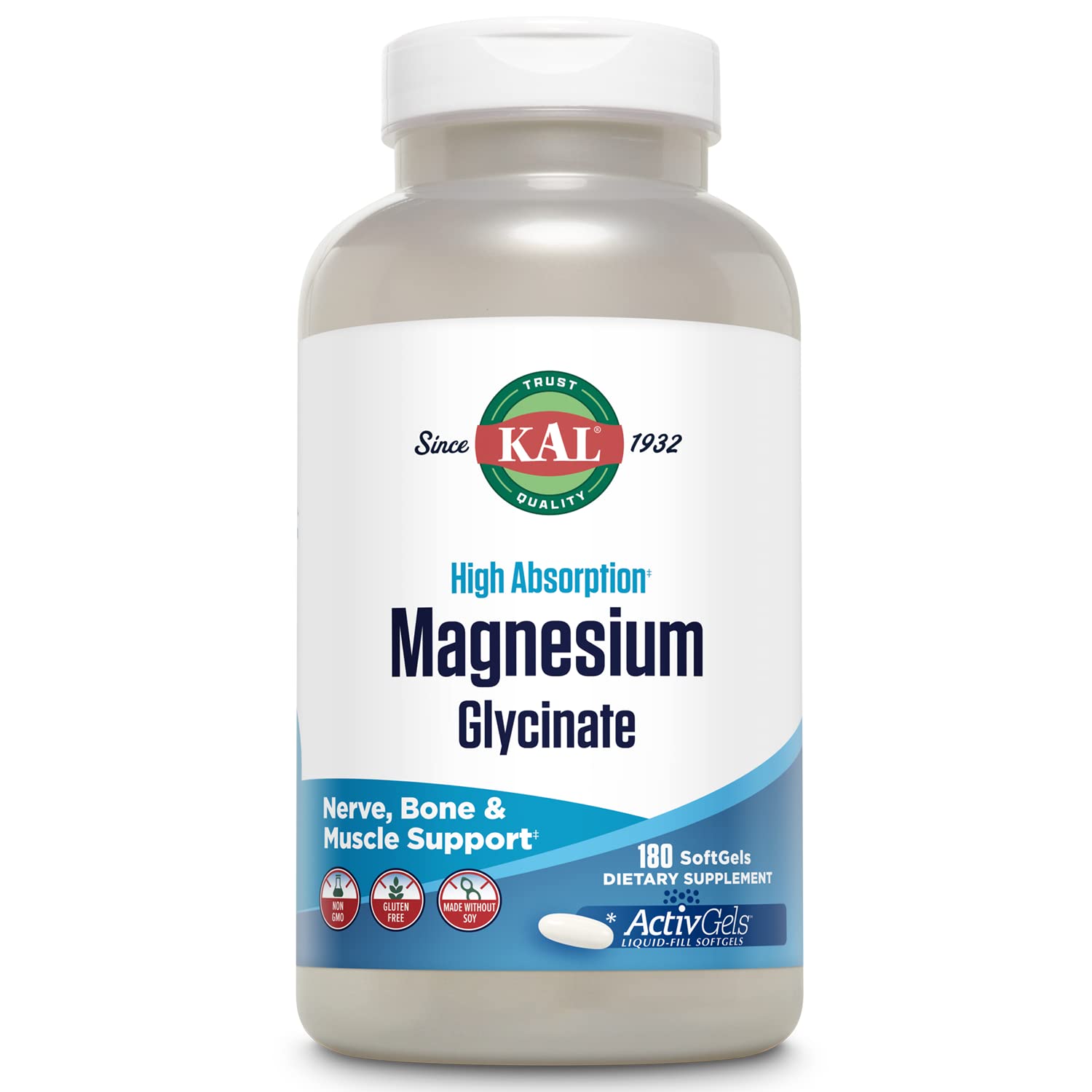 KAL Magnesium Glycinate ActivGels, botella del suplemento para relajación suave