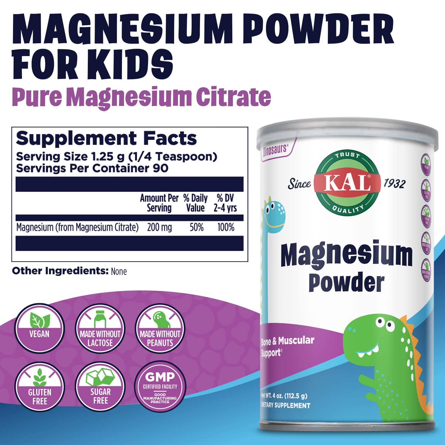 KAL Magnesium Powder para niños, mezcla en yogur para sabor suave.
