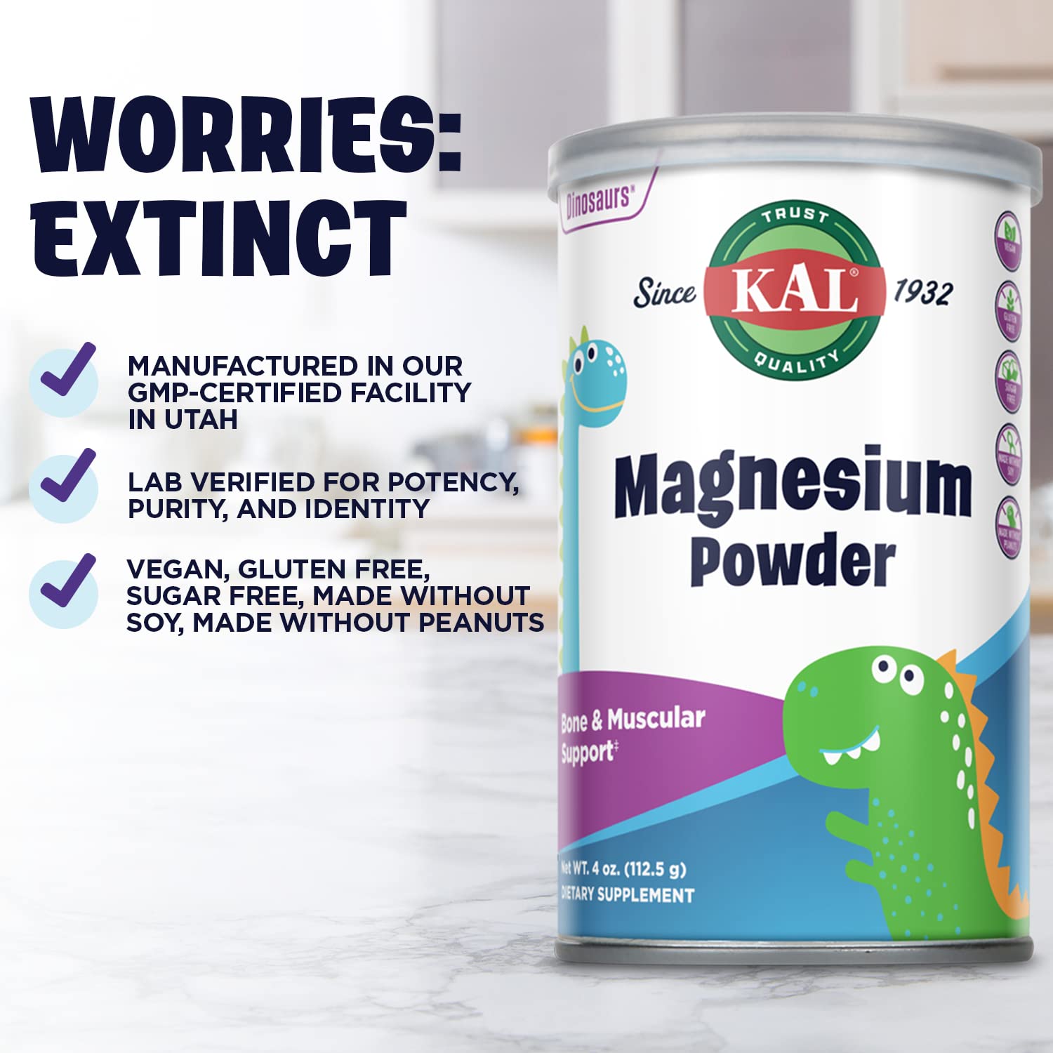 Etiqueta vegana y libre de gluten para KAL Magnesium Powder.