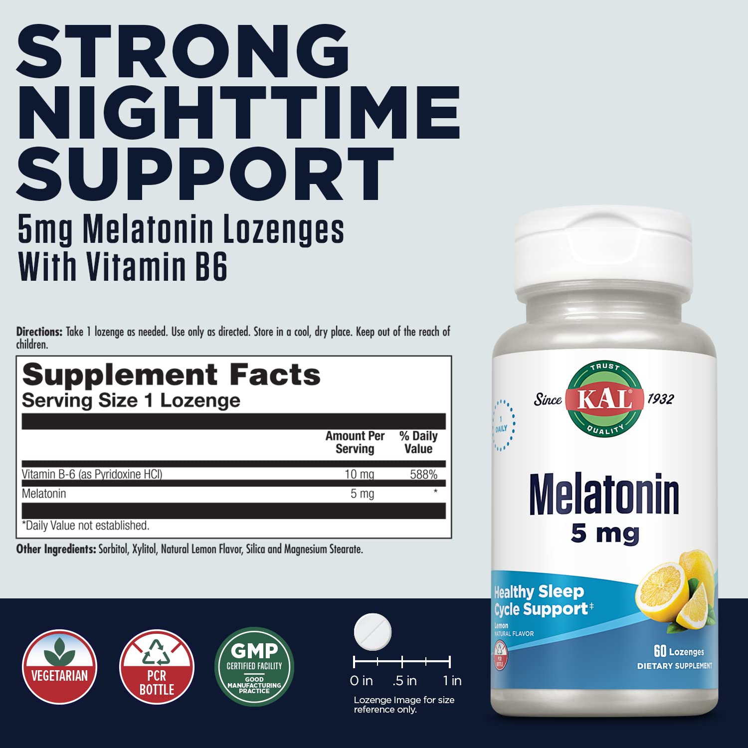 KAL Melatonina 5 mg: envase con diseño limpio para la noche