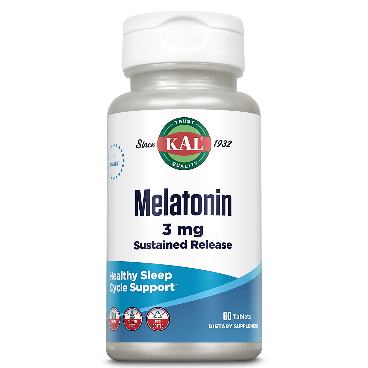 Kal Melatonina 3 mg en botella, liberación sostenida para dormir mejor.