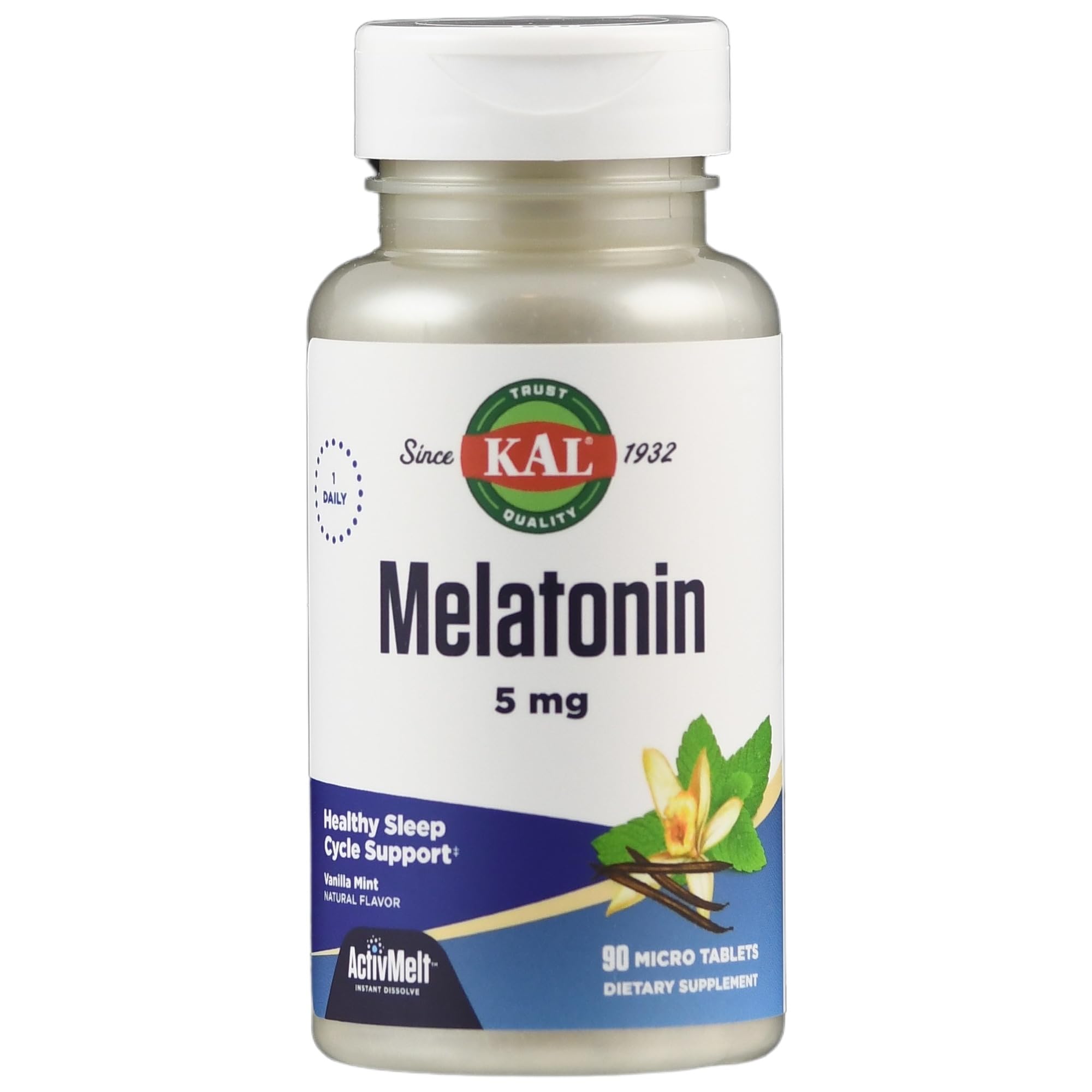 KAL Melatonina 5 mg, sabor vainilla menta natural para experiencia nocturna agradable.