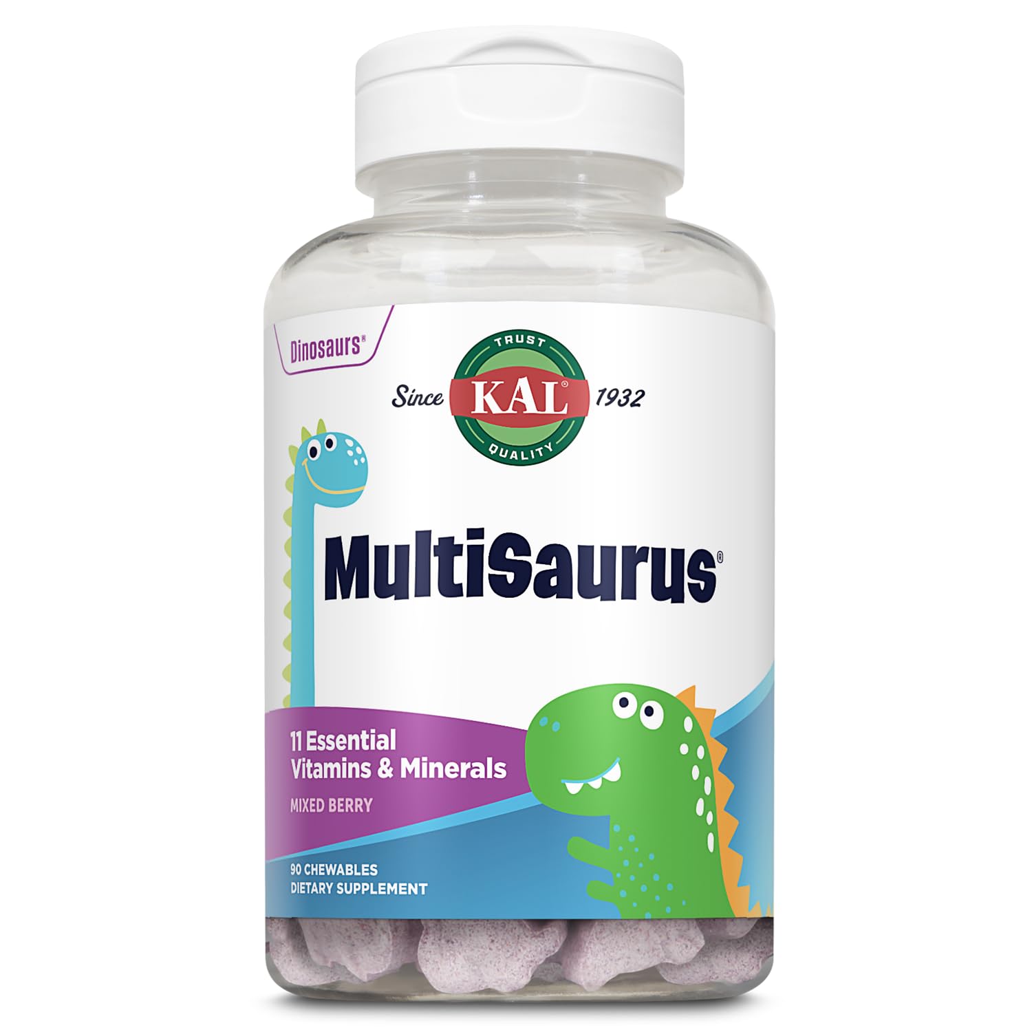 KAL Multisaurus para niños: dinosaurios masticables frambuesa, sabor atractivo para apoyar la salud diaria.