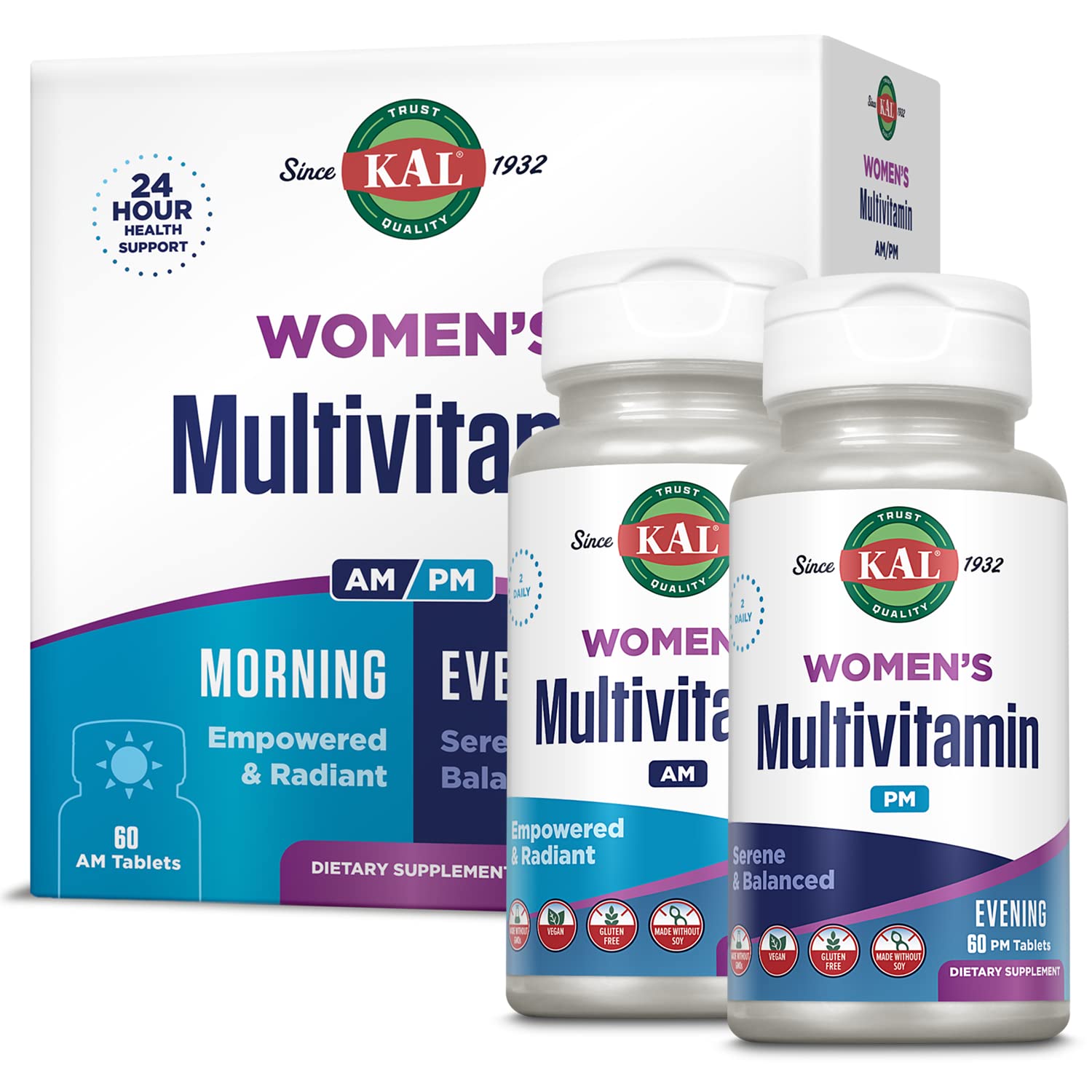 KAL multivitamínico AM/PM en botella, ayuda a energía diaria y bienestar general.