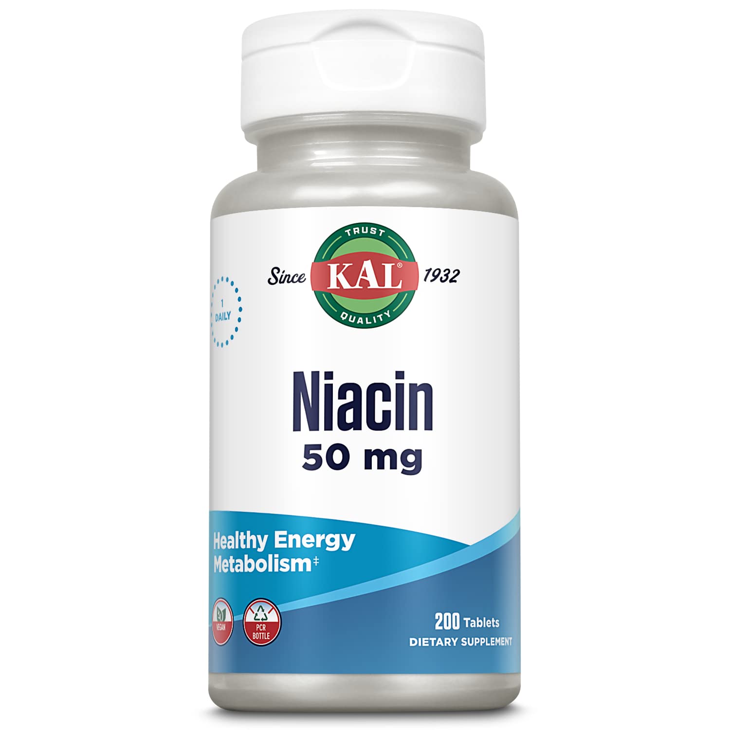 Kal Niacina 50 mg, tabletas en caja, apoyo a la salud de la piel y la energía.
