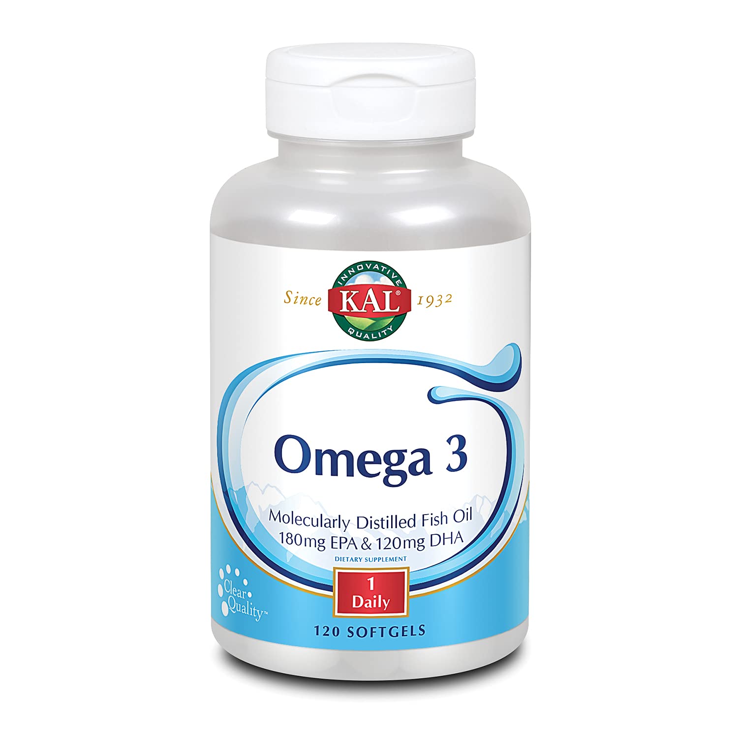 KAL Omega 3: botella frontal, favorece salud cardíaca y cerebral.