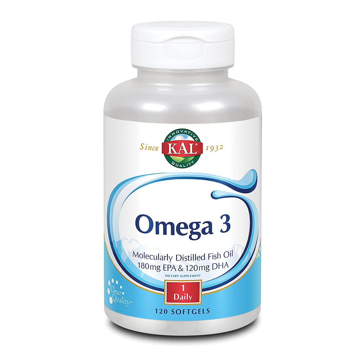 KAL Omega 3: botella frontal, favorece salud cardíaca y cerebral.