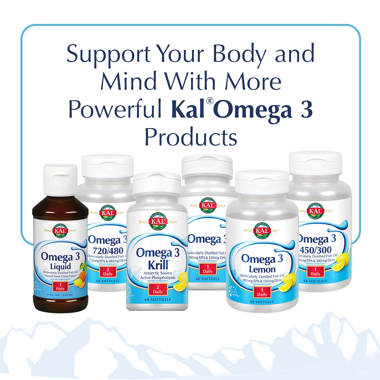 KAL Omega 3 envase con 60 porciones para conveniencia diaria.
