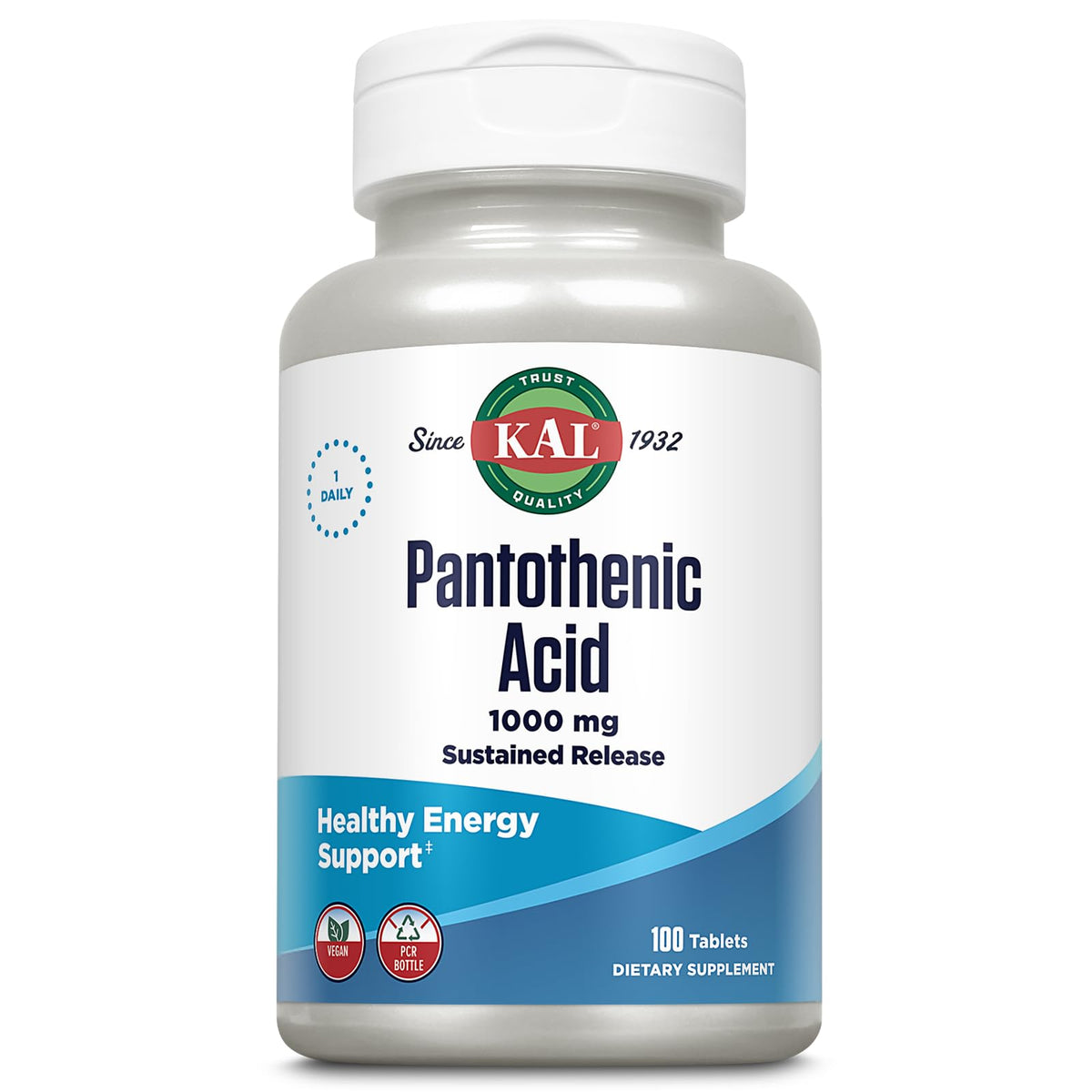 KAL ácido pantoténico 1000 mg, botella frontal, posible apoyo energético diario.