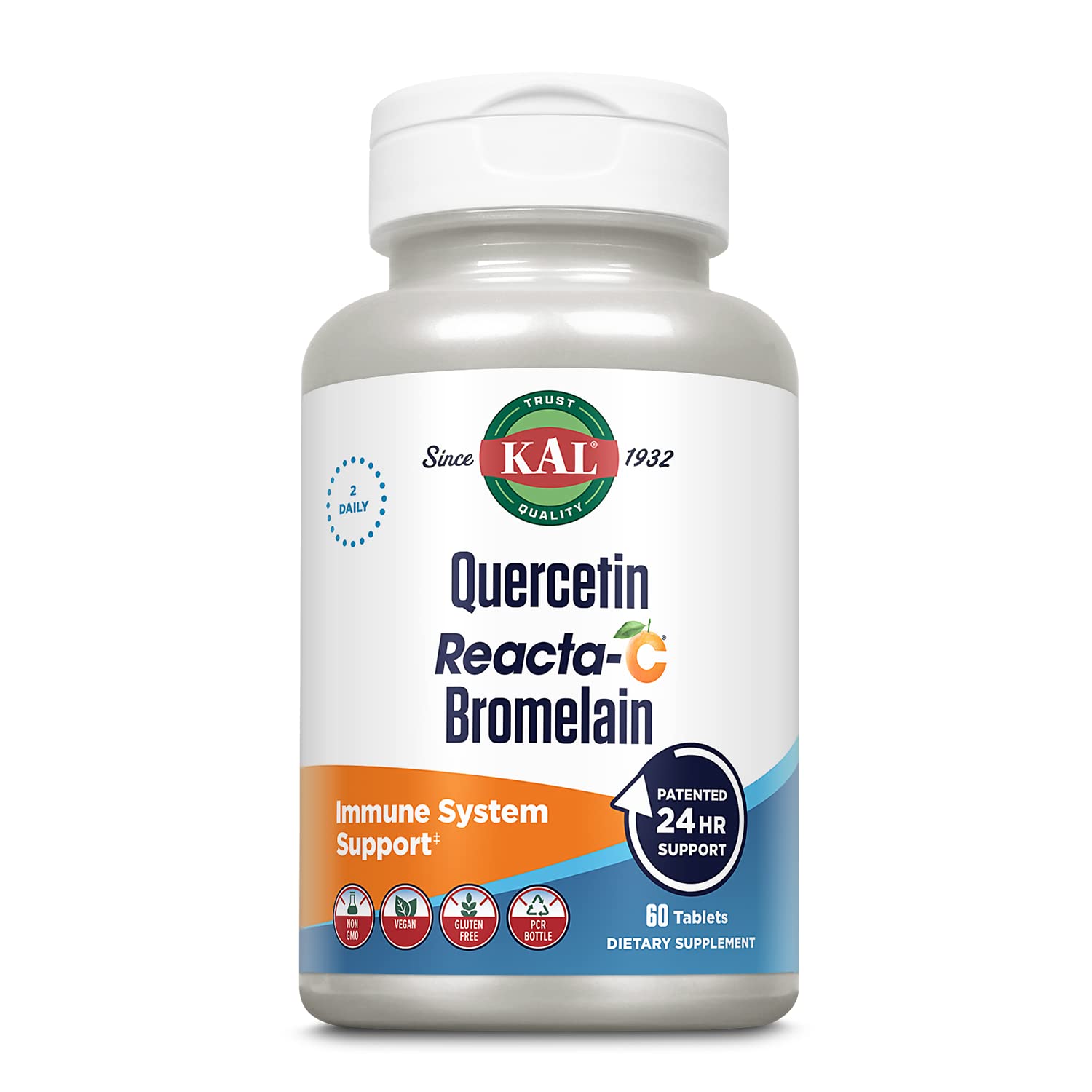 Kal Quercetina Reacta-C Bromelina, botella de tabletas, posible apoyo antioxidante diario.