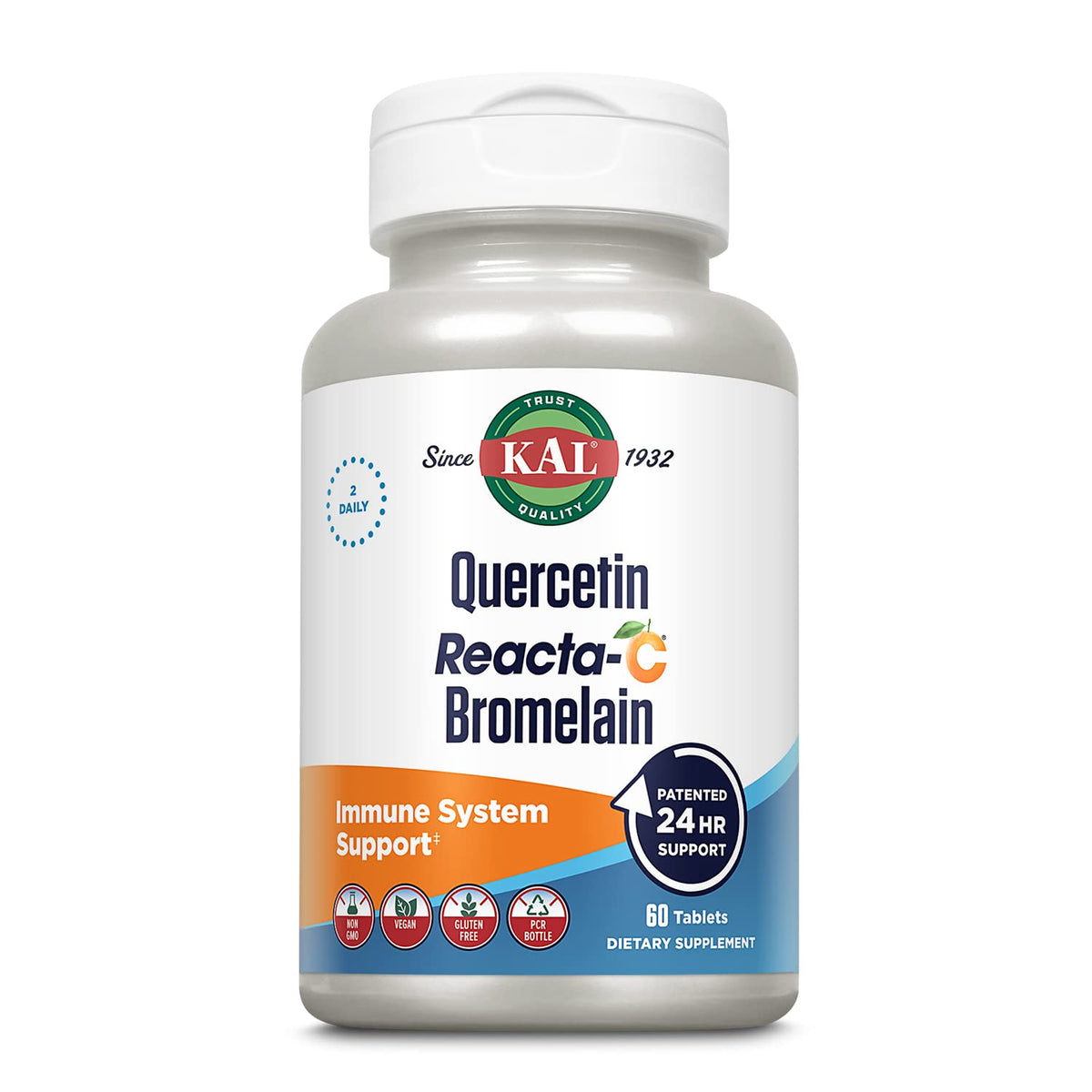 Kal Quercetina Reacta-C Bromelina, botella de tabletas, posible apoyo antioxidante diario.