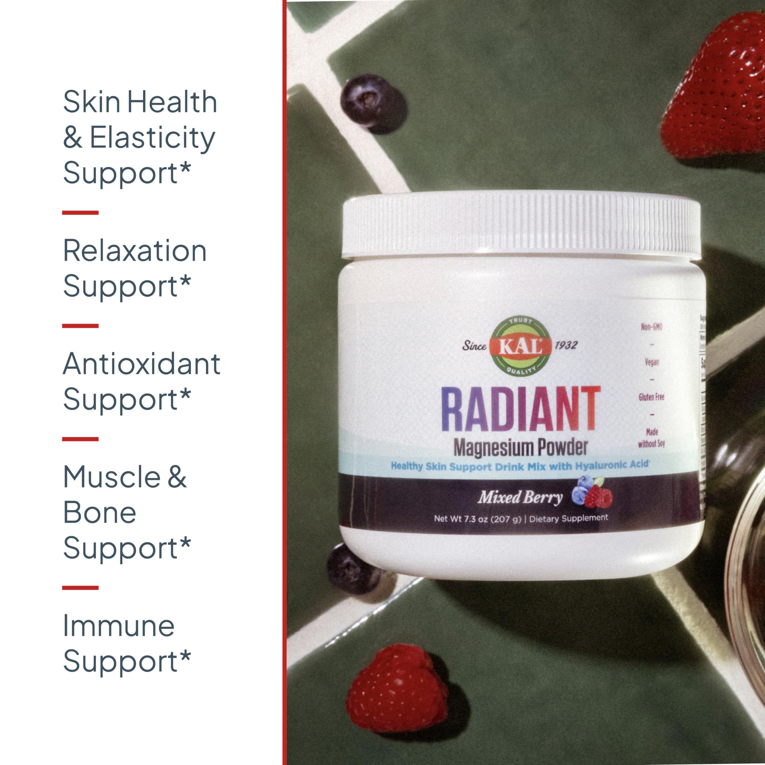 KAL Radiant Magnesium Etiqueta ácido hialurónico, información visible sobre el ingrediente.